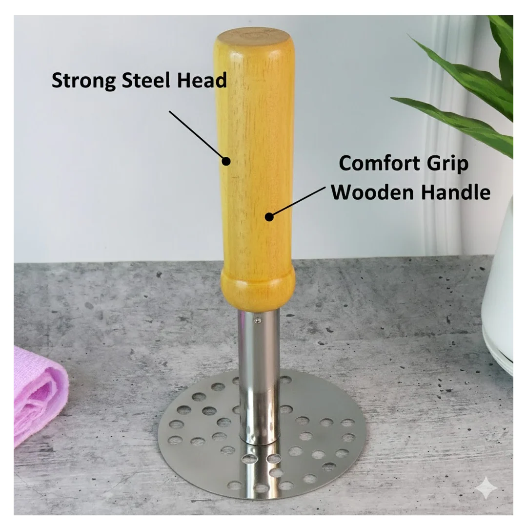 Stainless Steel Potato Masher – Ergonomic Wooden Handle | Quickslice - Image 2