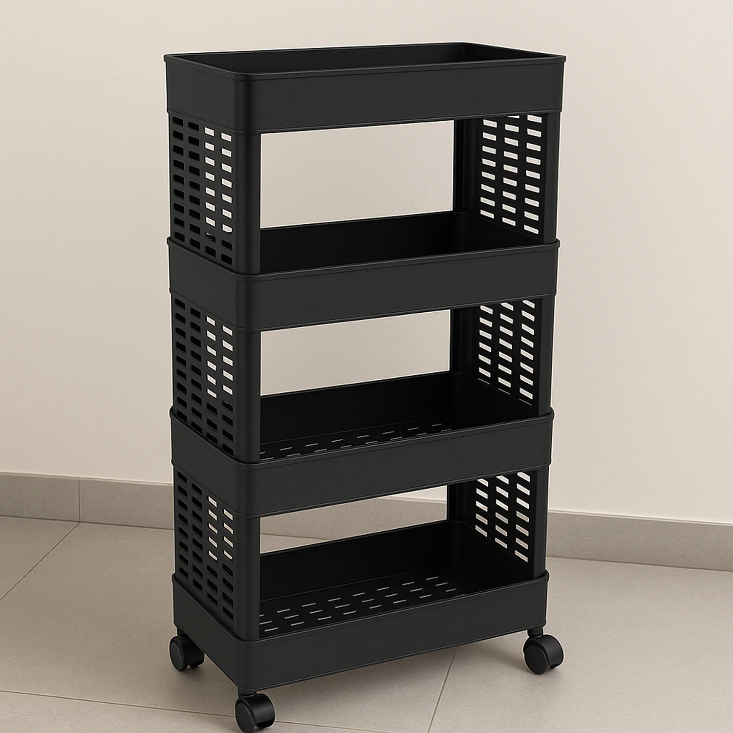 Plastic Storage Rack – 4-Layer Utility Trolley with Wheels | Organivo
