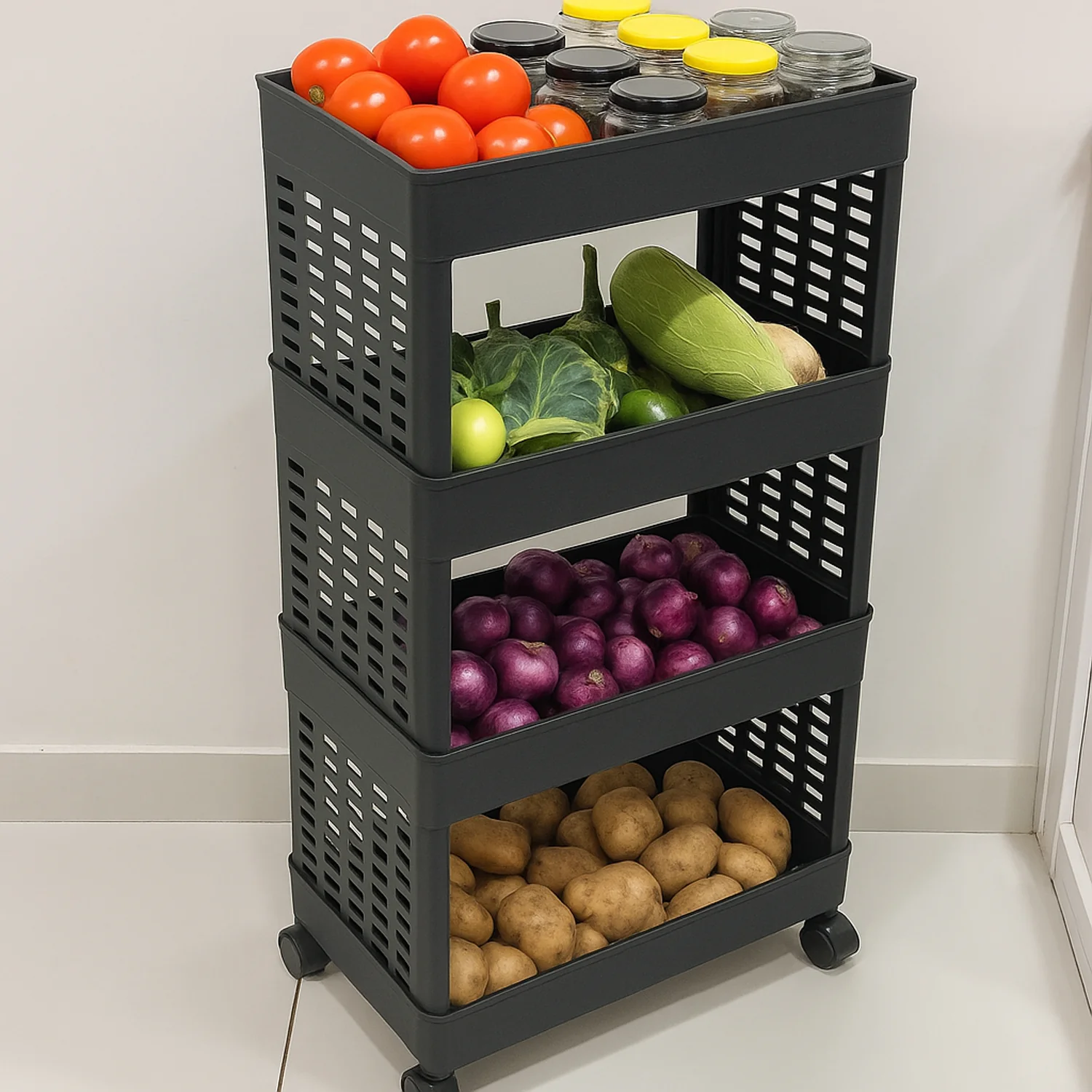 Plastic Storage Rack – 4-Layer Utility Trolley with Wheels | Organivo - Image 3
