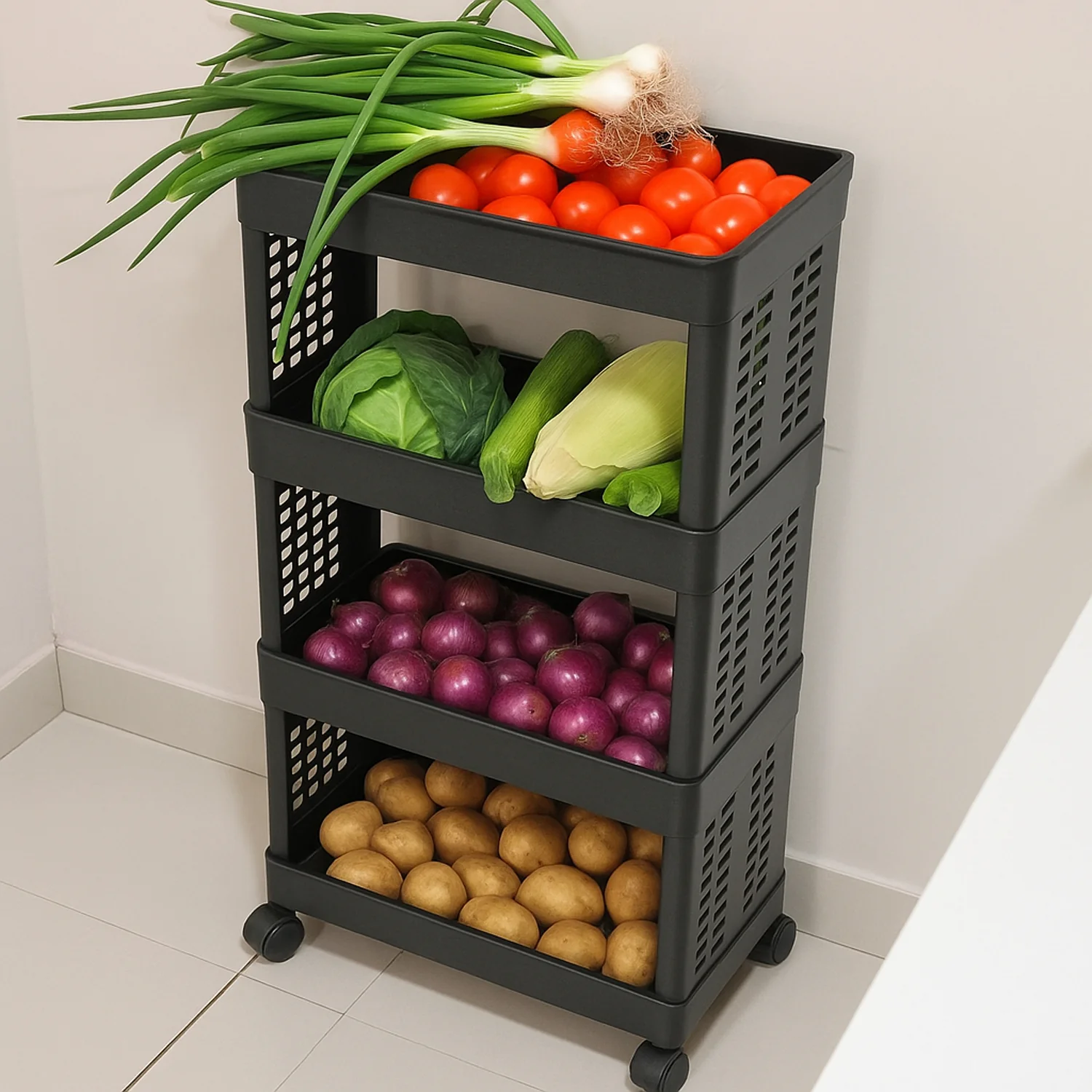 Plastic Storage Rack – 4-Layer Utility Trolley with Wheels | Organivo - Image 4