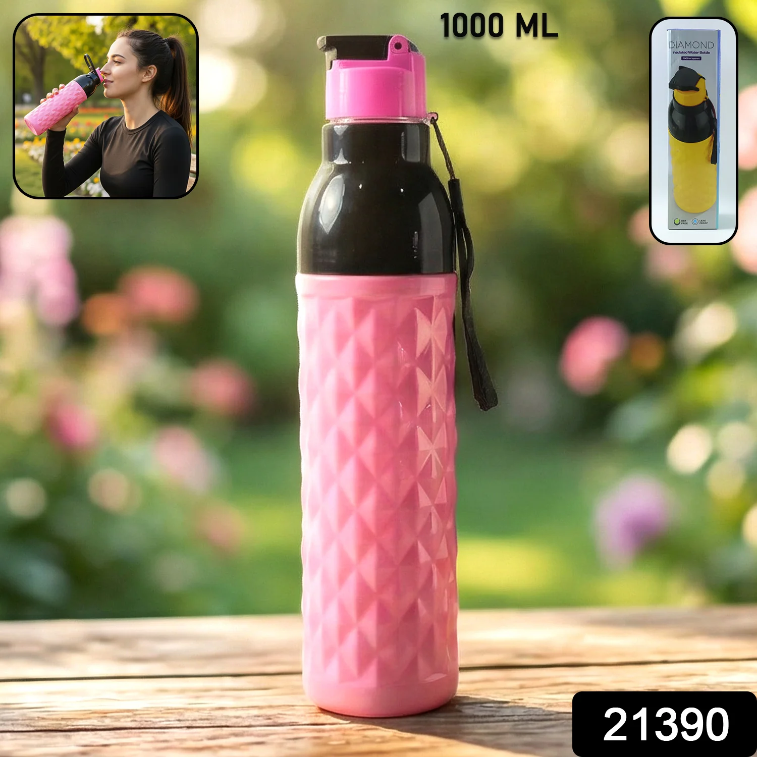 1000ML Leakproof Diamond Pattern Water Bottle – Stylish Grip - Image 2