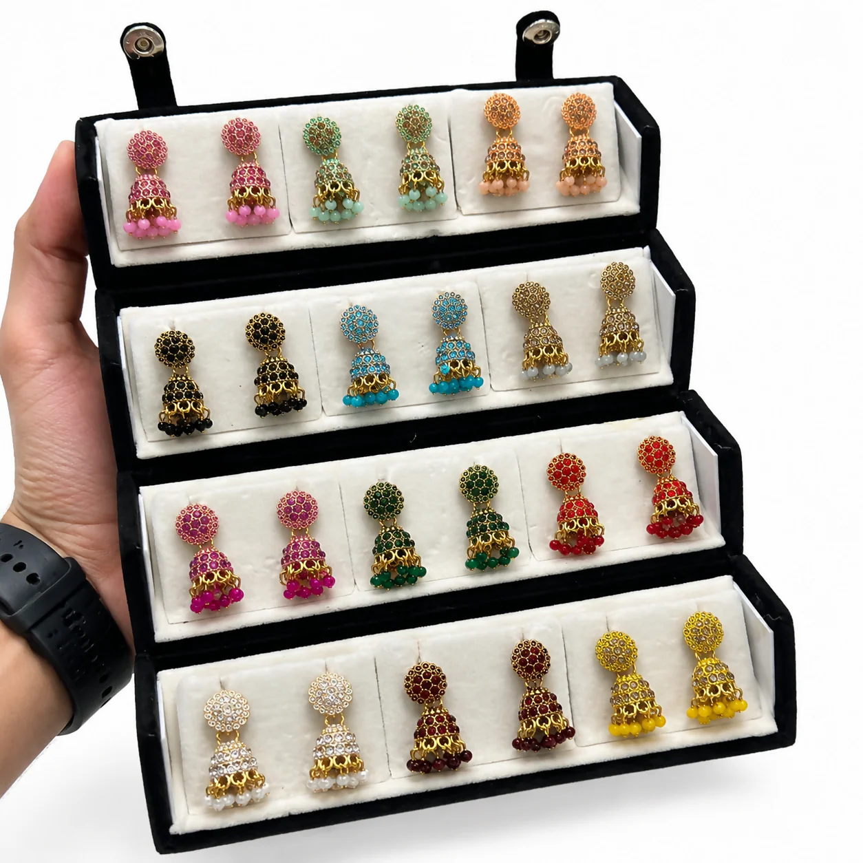 12 Pair Colorful Jhumki Earrings with Premium Velvet Earring Box - Image 3