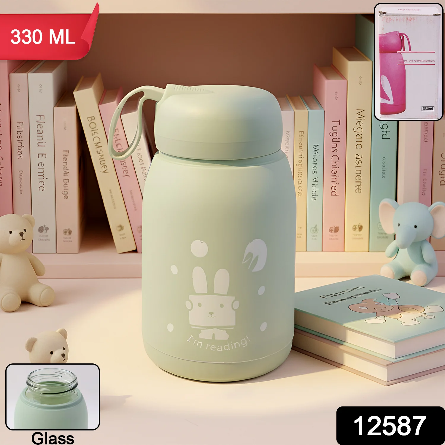 Rabbit Printed Insulated Glass Water Bottle – Leak Proof 330ml - Image 2