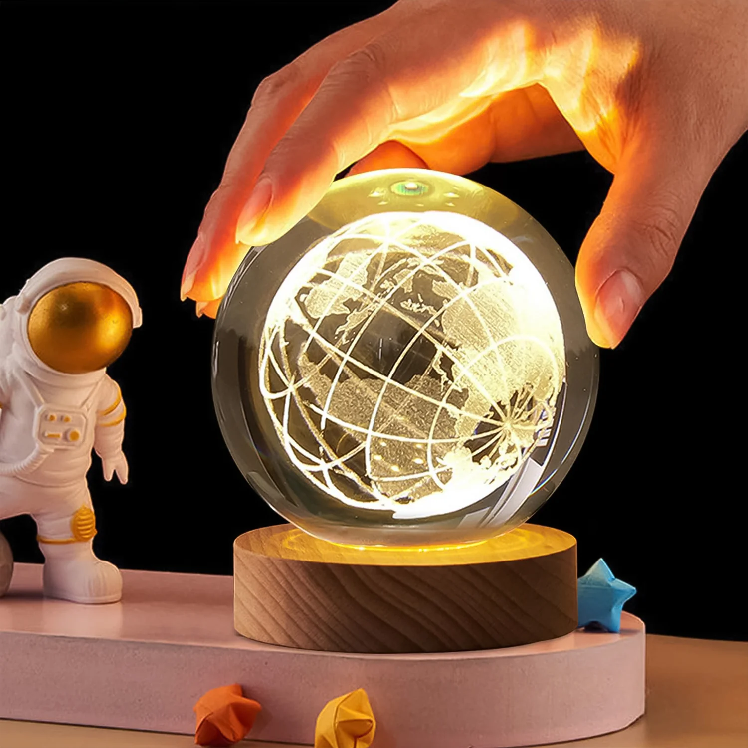 3D Crystal Ball Lamp – World Globe Design, Wooden Base | Indo Glow - Image 6