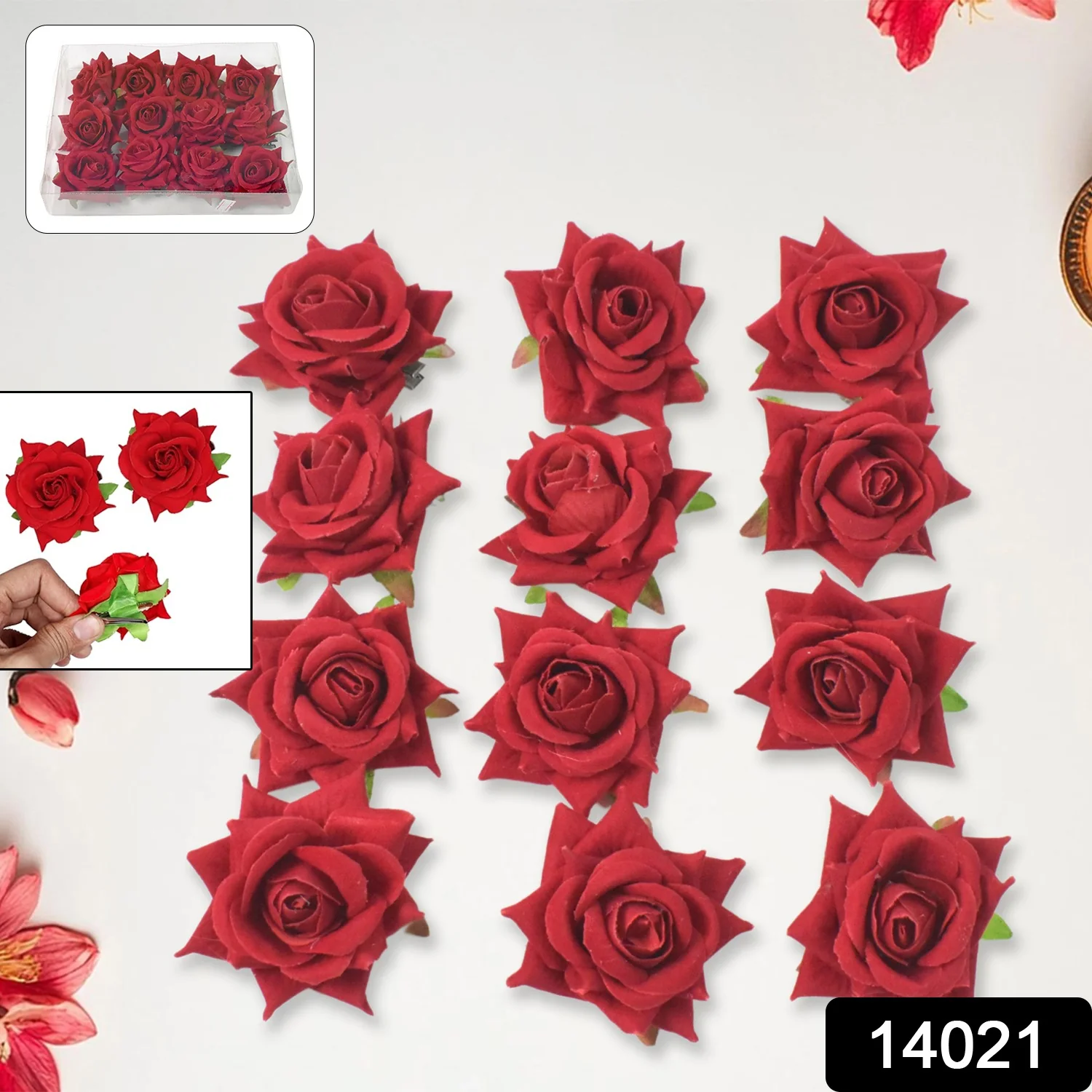 Velvet Rose Hair Clip – Red Flower Design (12 Pcs) | Calm & Curl - Image 2