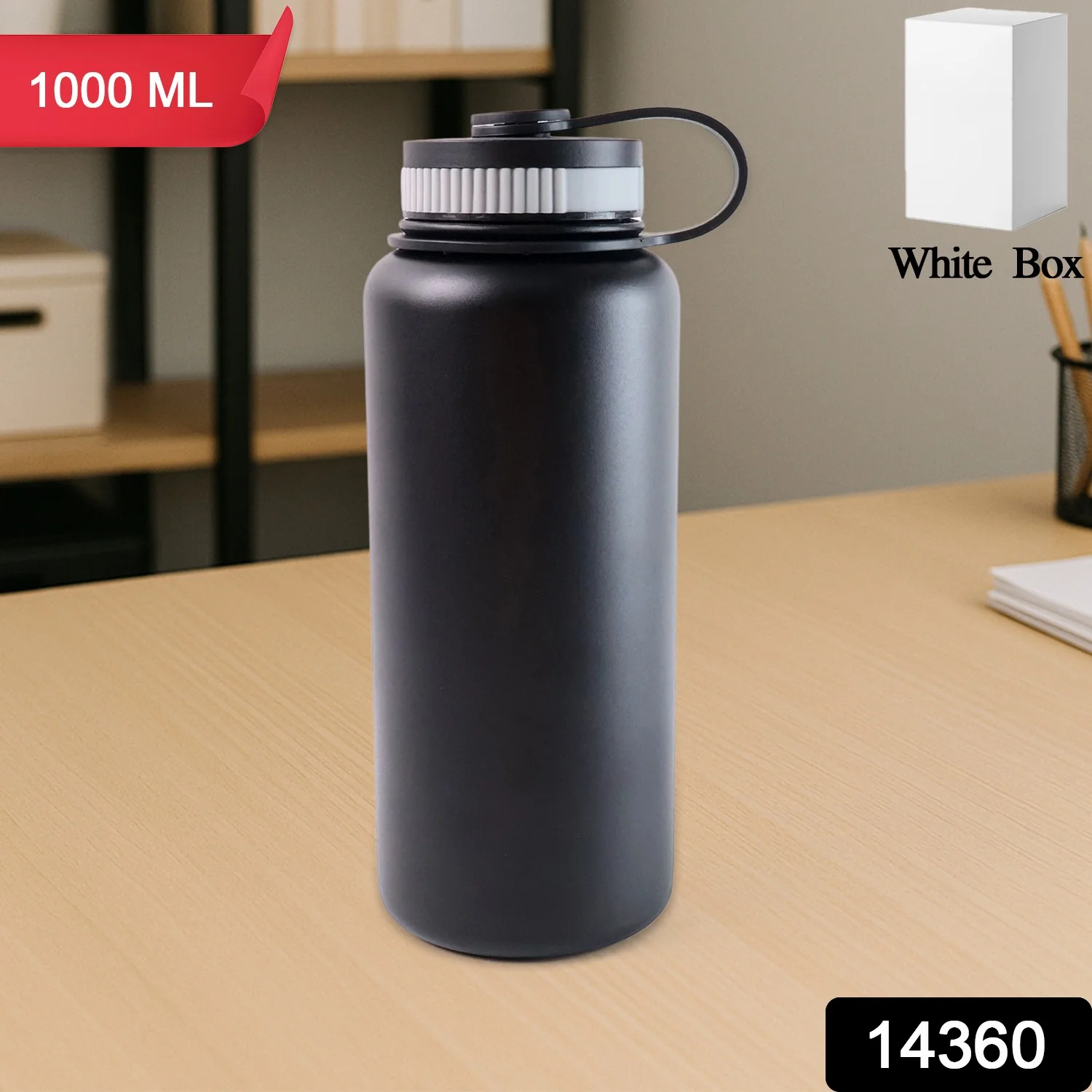 Black Vacuum-Insulated Stainless Steel Water Bottle – 1000ml Durable & Leakproof - Image 2