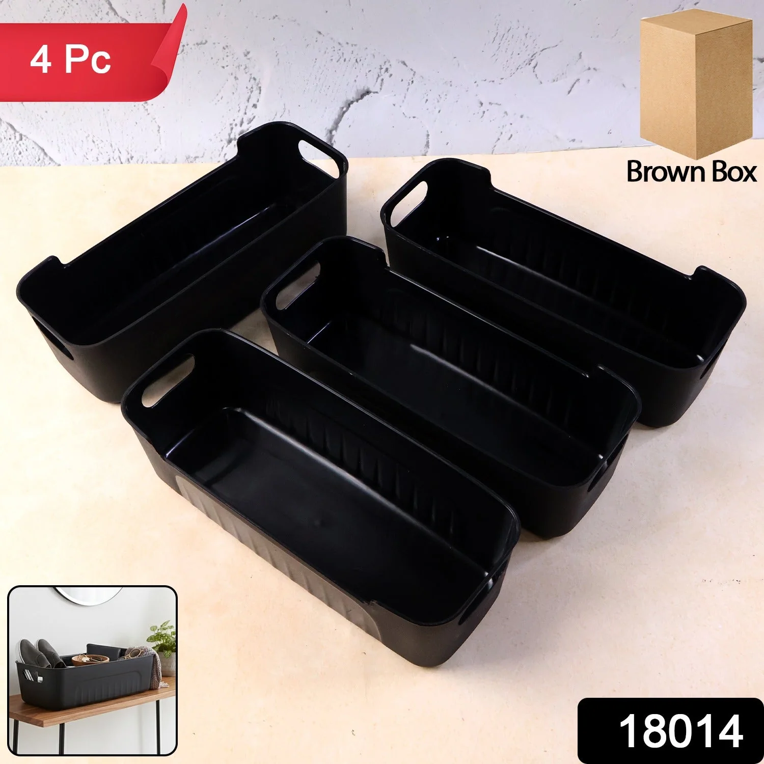 Black Plastic Storage Basket Tray – 4-Piece Stackable Organizer - Image 2