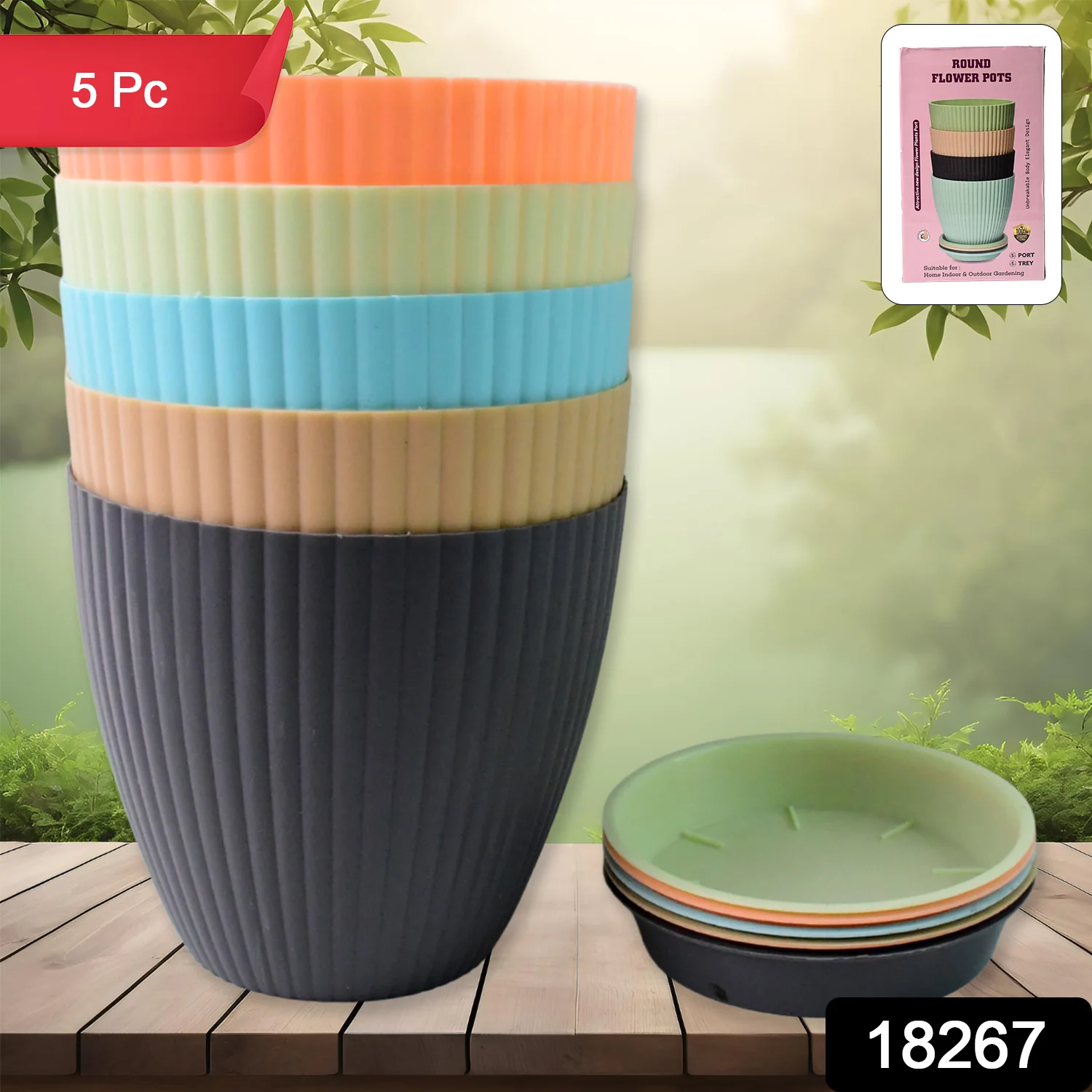 Plastic Flower Pot Set – Round 5 Pcs with Tray | Deodap - Image 2