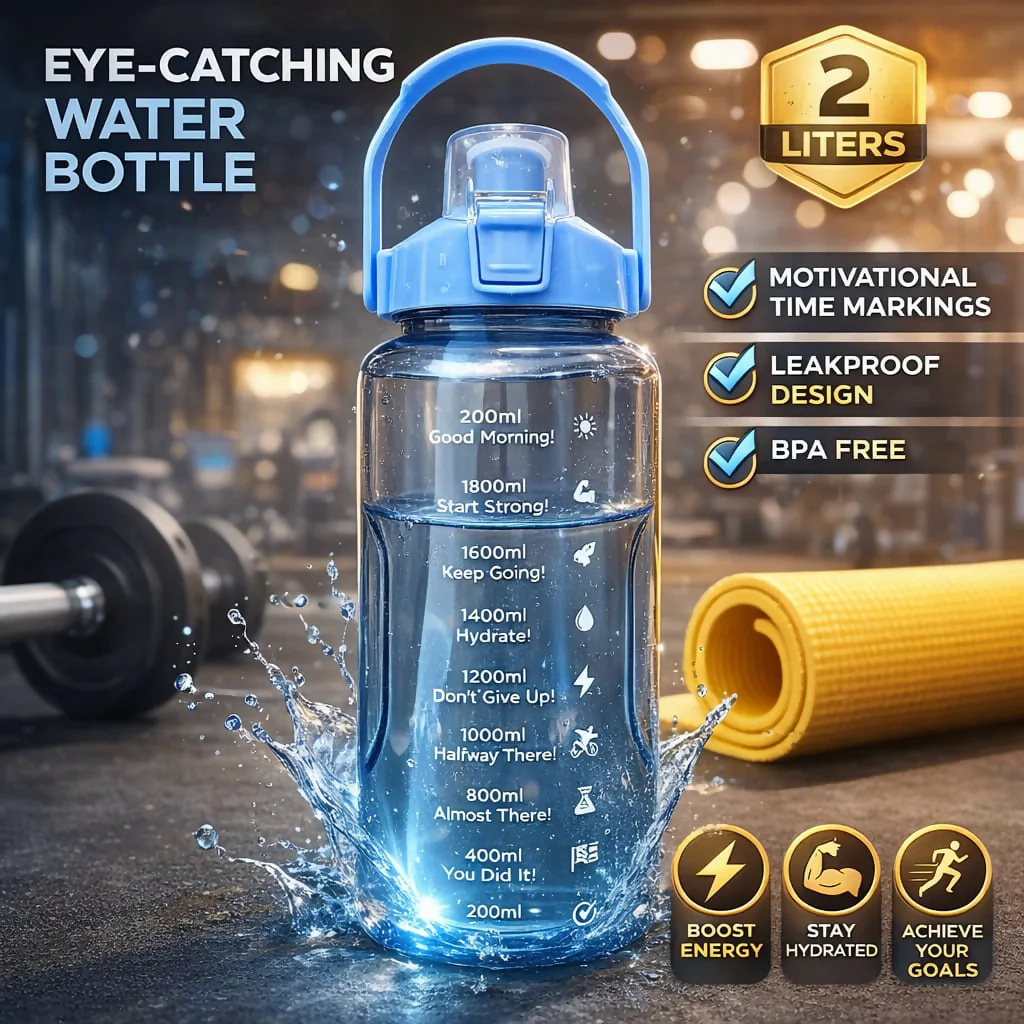 Water Bottle – Large 2000ml Capacity with Time Markers for Hydration - Image 2