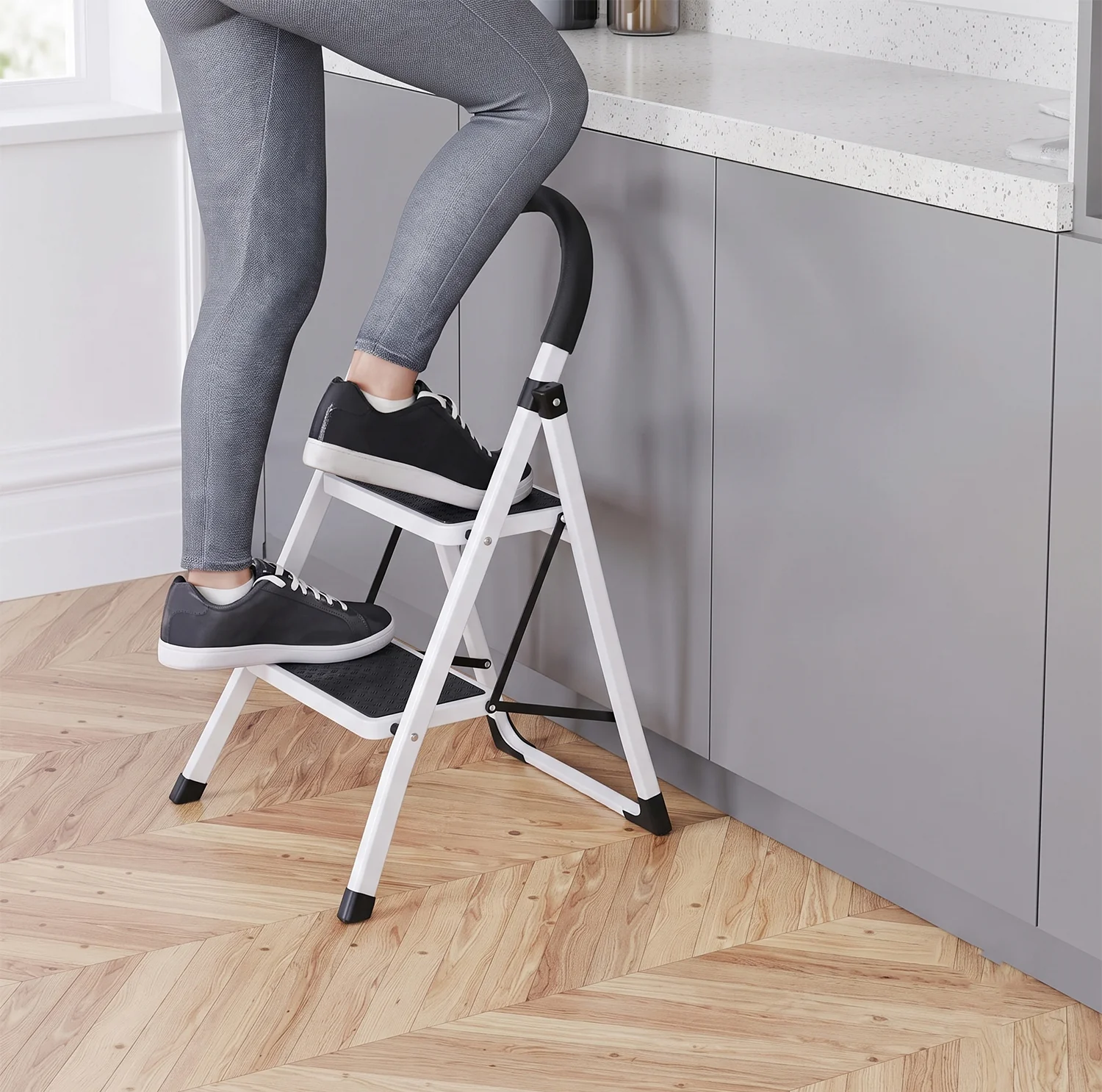 2 Step Folding Ladder with Padded Handrail Anti Slip Steel Step Stool (1 Pc) - Image 7