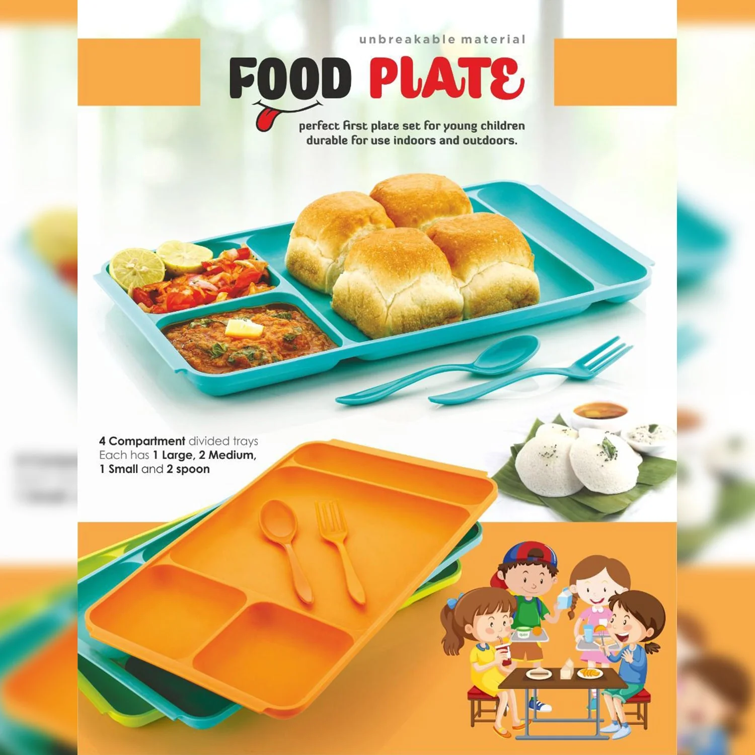 4-Compartment Plate – Plastic Dinner Set with Spoon & Fork | DeoDap - Image 4