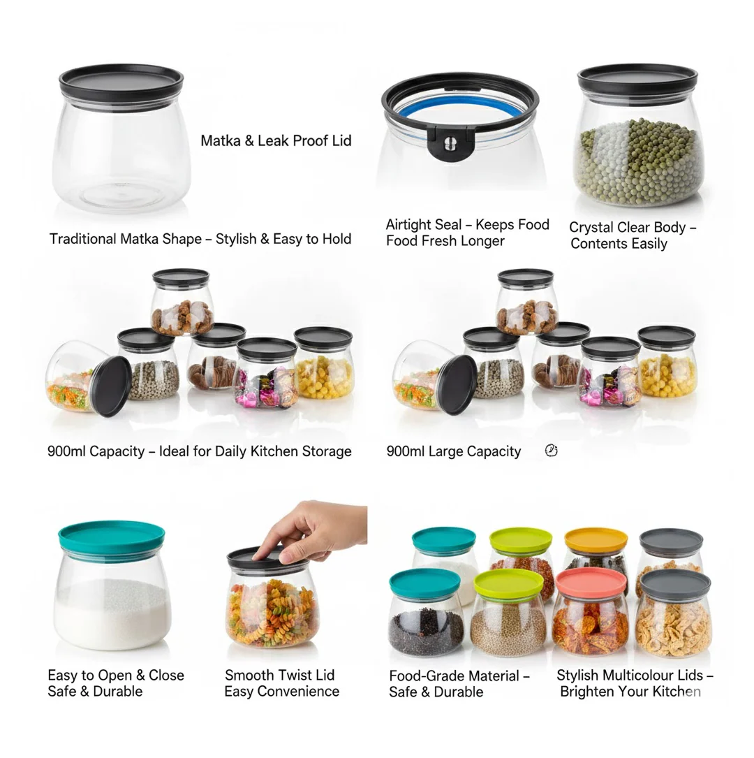 Airtight Storage Jars – Matka Shape, 900ml Set of 6 | Velvet Wheels - Image 2
