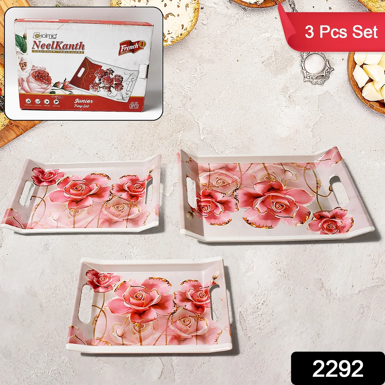 Plastic Serving Tray Set – 3 Pc Rectangular Printed | Styleva - Image 2