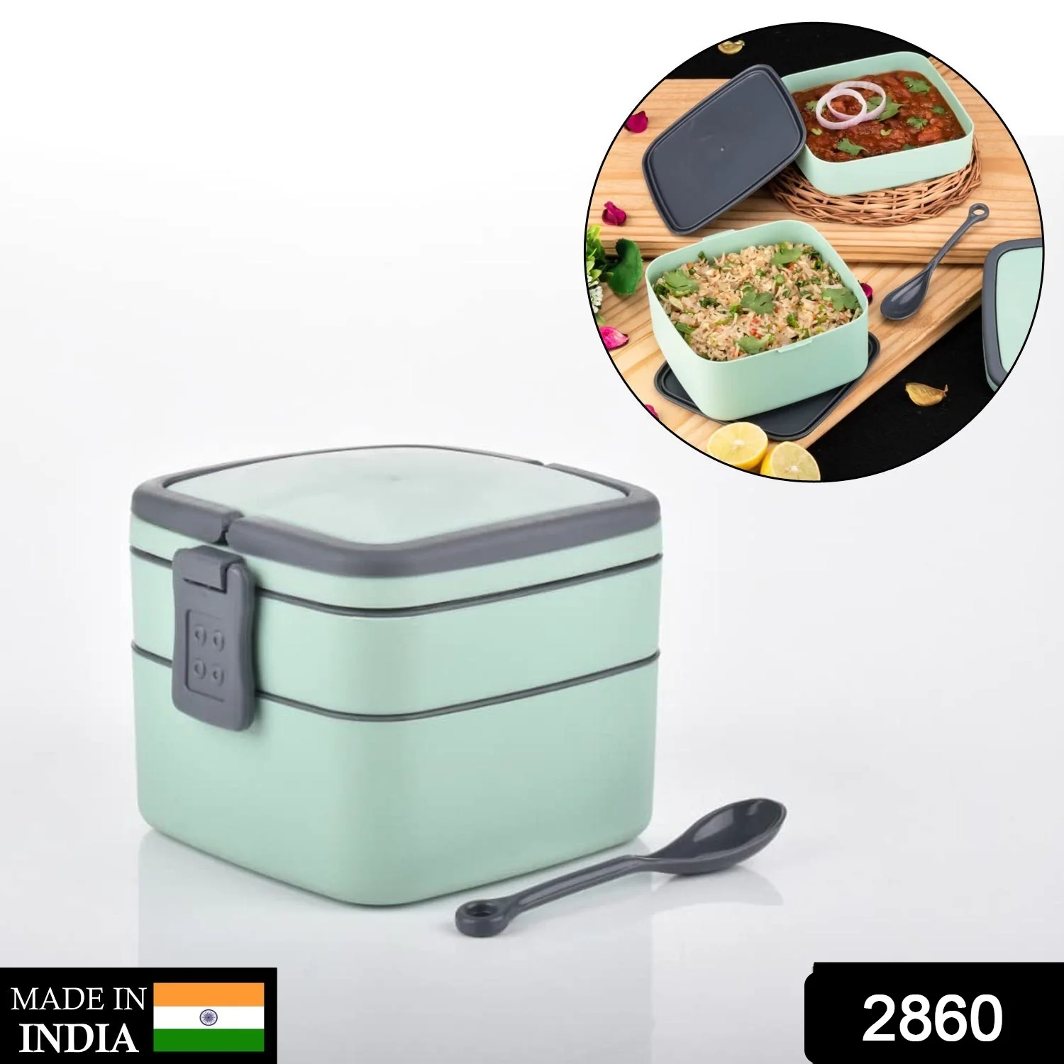 Stackable Lunch Box – Green Double-Layer Tiffin | Lunchie Bunchie - Image 2