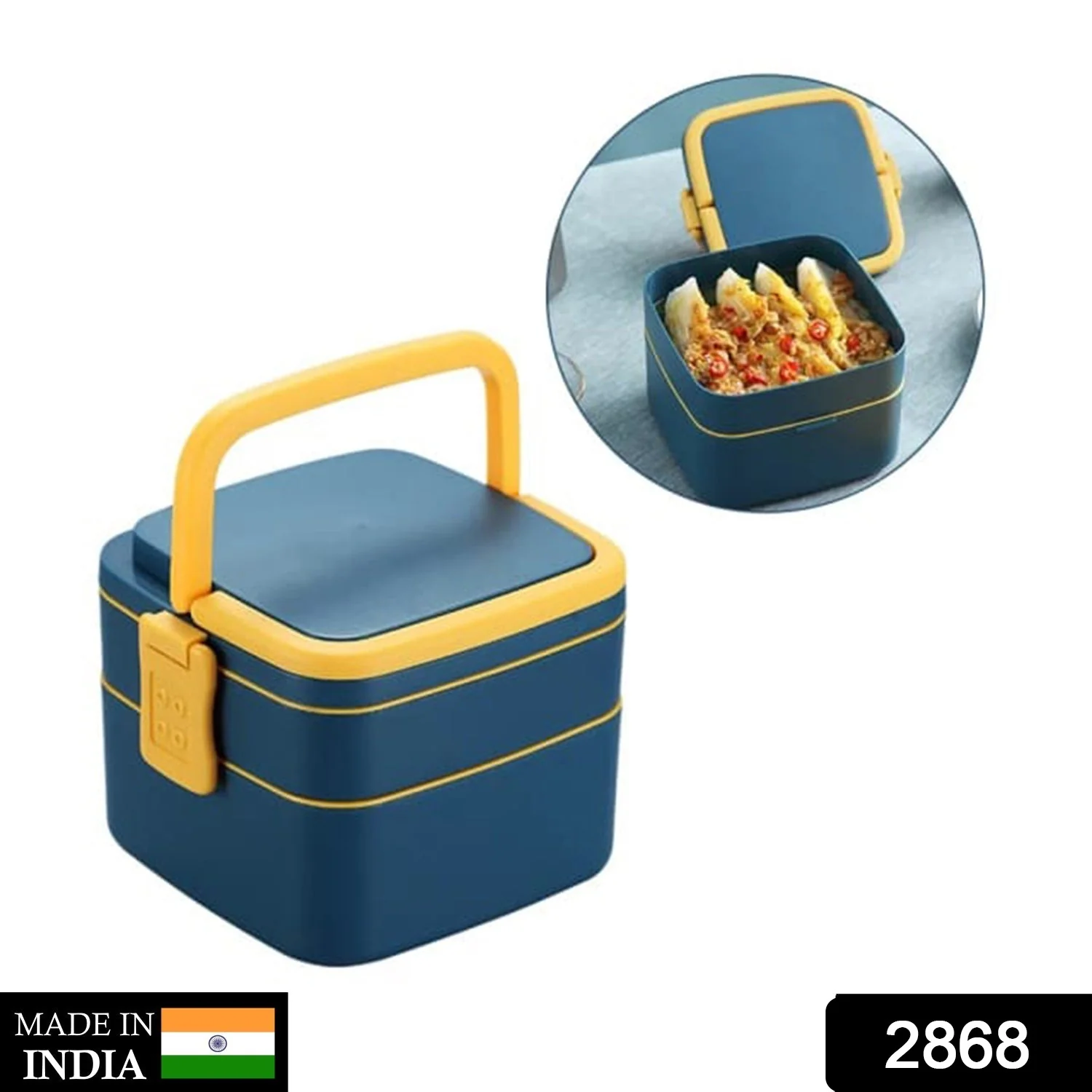 Bento Lunch Box – Blue Double-Layer Portable with Handle & Spoon | Lunchie Bunchie - Image 2