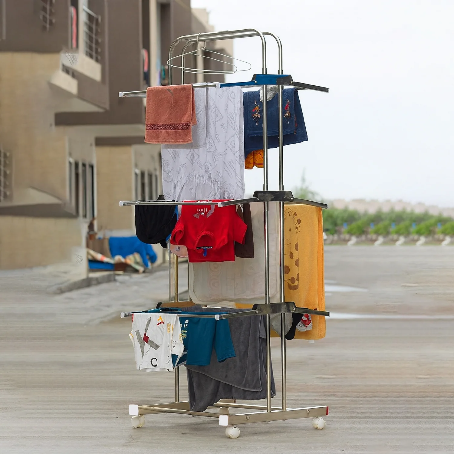 Stainless Steel Clothes Drying Stand – Foldable 3-Layer Rack with Wheels - Image 4