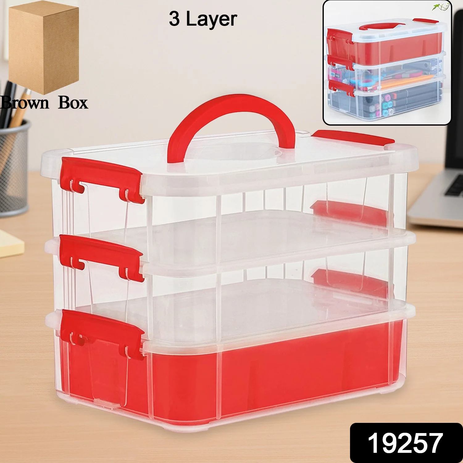 Transparent 3-Layer Storage Box with Handle and Lock Clips - Image 2