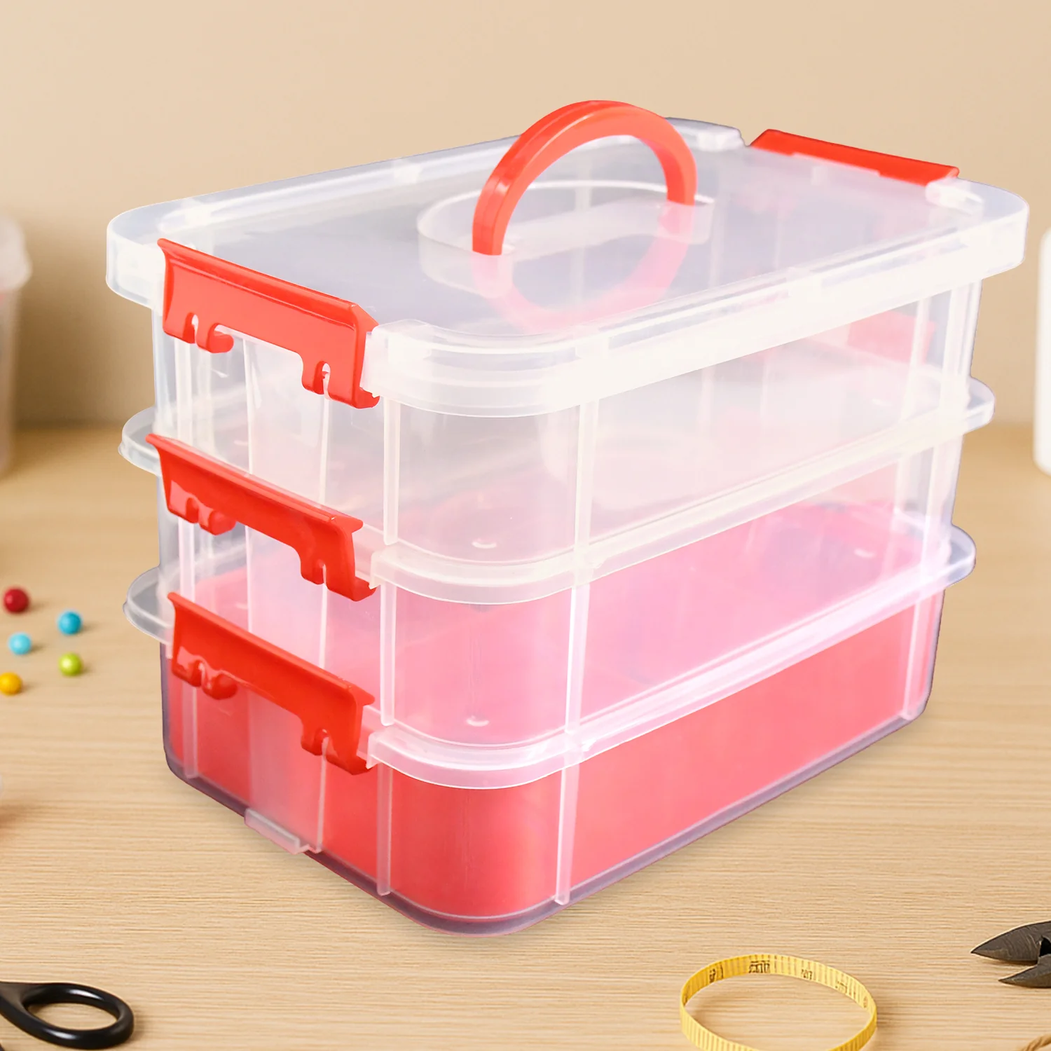Transparent 3-Layer Storage Box with Handle and Lock Clips - Image 3