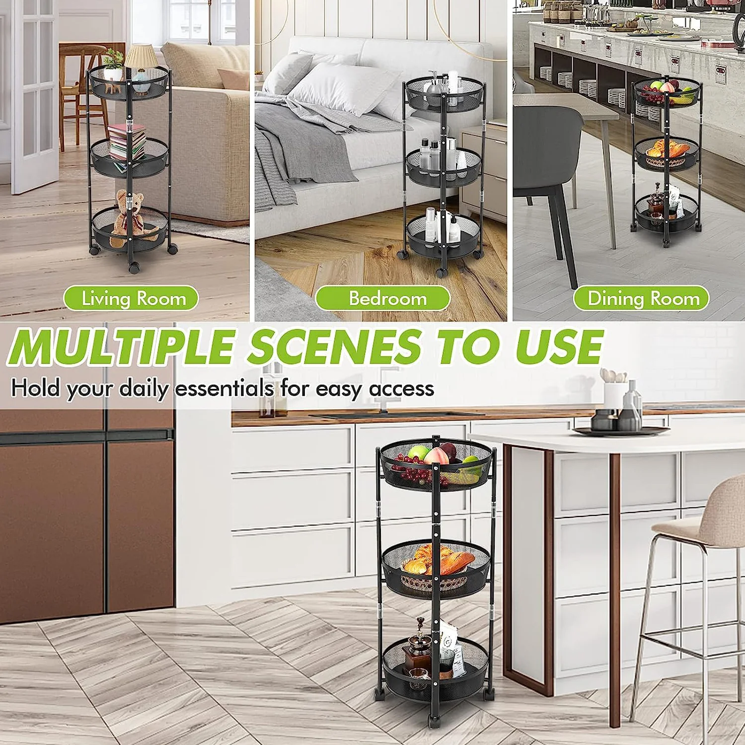 Metal Mesh Storage Trolley – 3-Layer Utility Cart with Wheels - Image 4