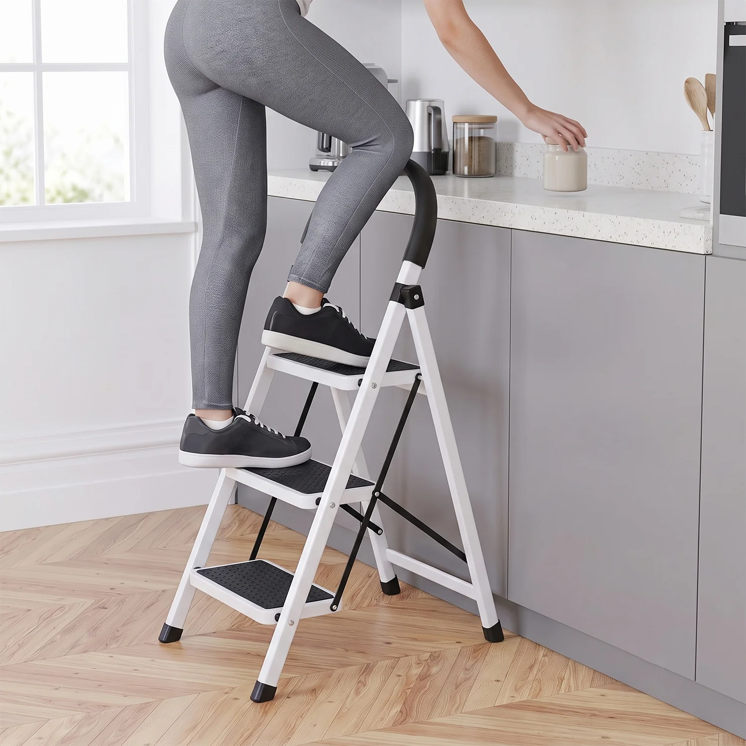 3 Step Folding Ladder with Padded Handrail Anti Slip Steel Step Stool (1 Pc) - Image 3