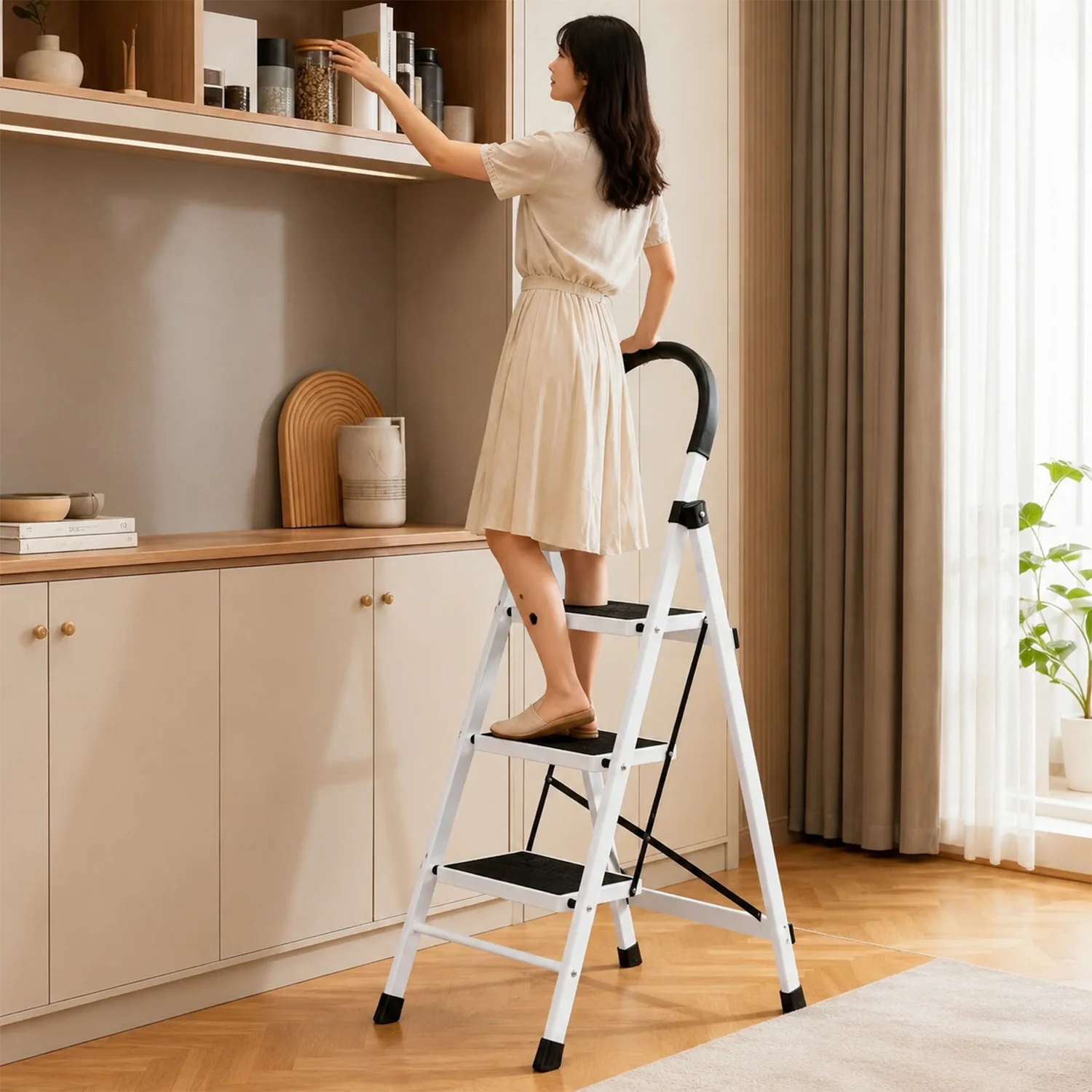 3 Step Folding Ladder with Padded Handrail Anti Slip Steel Step Stool (1 Pc) - Image 4