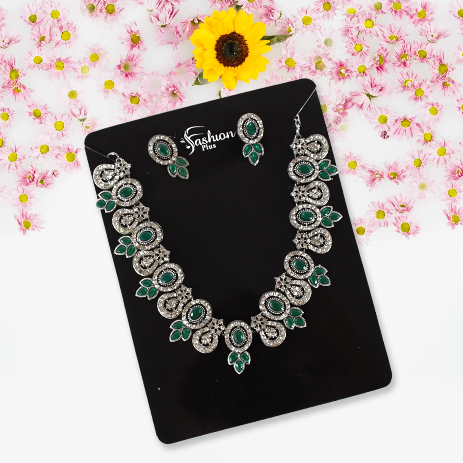 Green Necklace Set – Emerald Ethnic Jewellery for Women | BW - Image 2