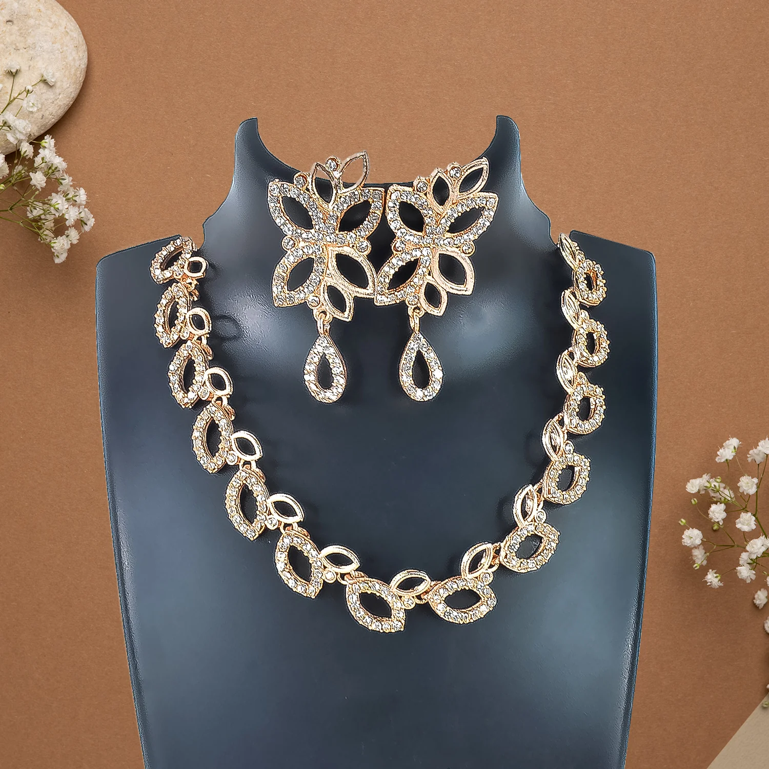 American Diamond Floral Necklace Set – Elegant Rhodium Plated Jewellery