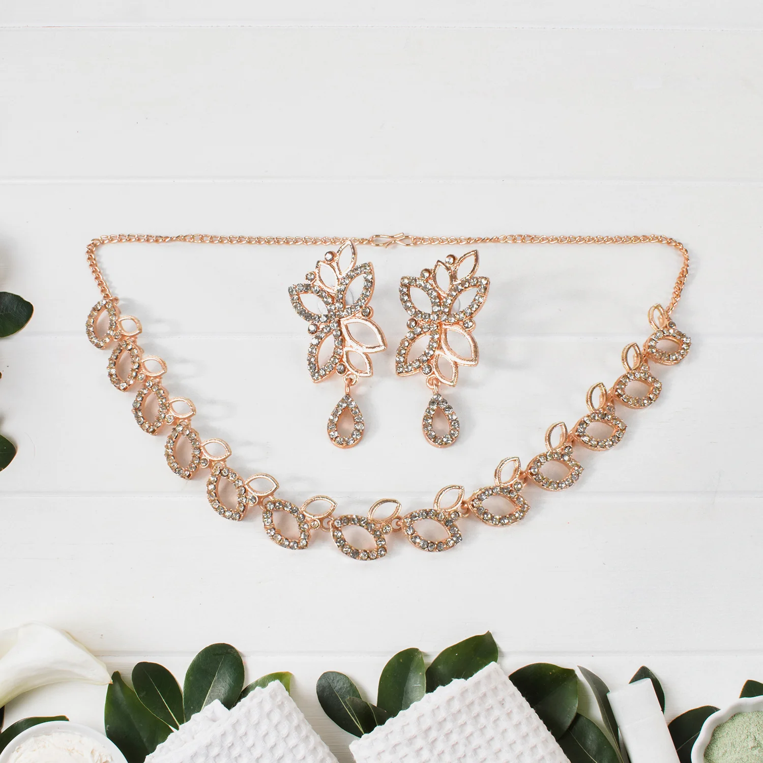 American Diamond Floral Necklace Set – Elegant Rhodium Plated Jewellery - Image 2