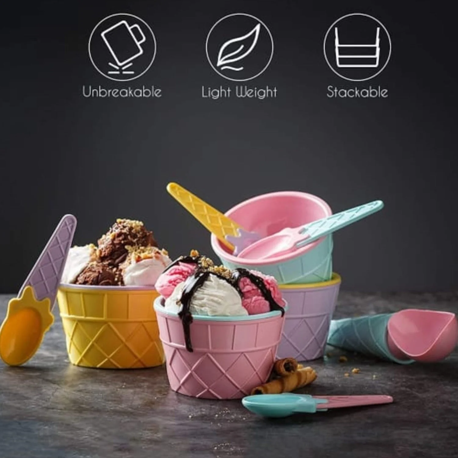 Ice Cream Bowls Set – Durable Waffle Design with Spoons | Jiaqi - Image 5