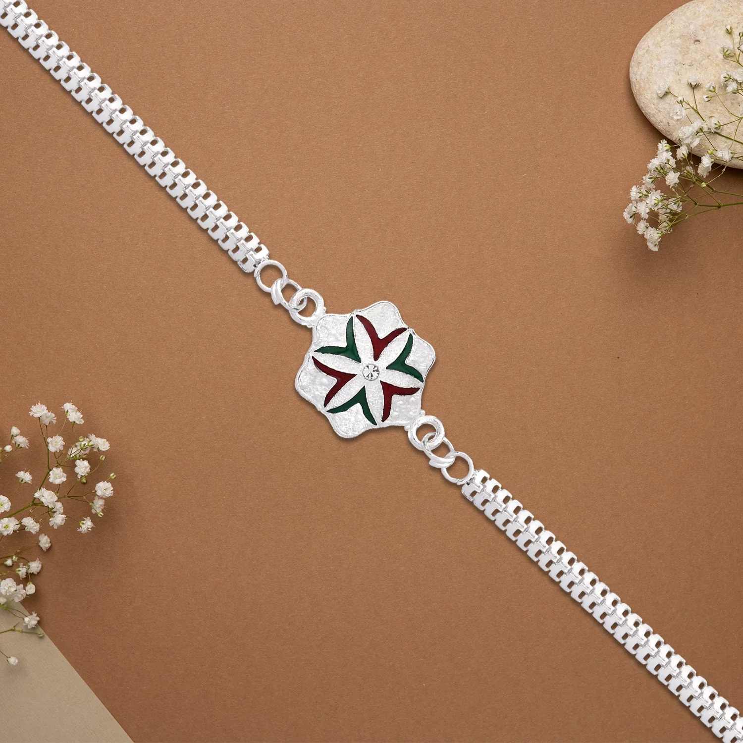 Silver Chain Rakhi – Elegant Flower Design for Brother - Image 3