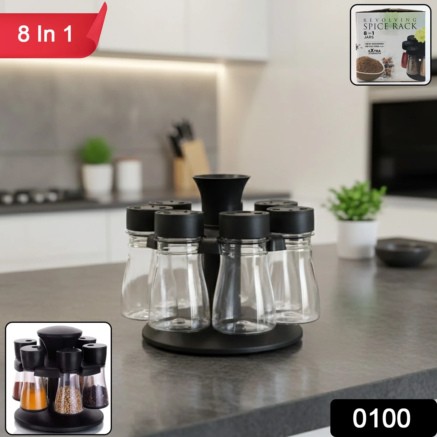 Revolving Plastic Spice Rack – 8 Jars with Rotating Stand - Image 2