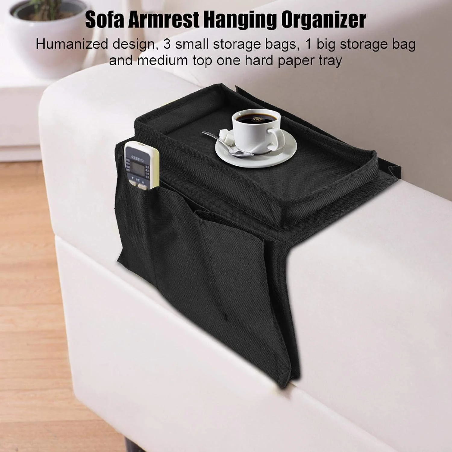 Sofa Armrest Organizer – Black Storage Caddy with Tray | Organivo - Image 3