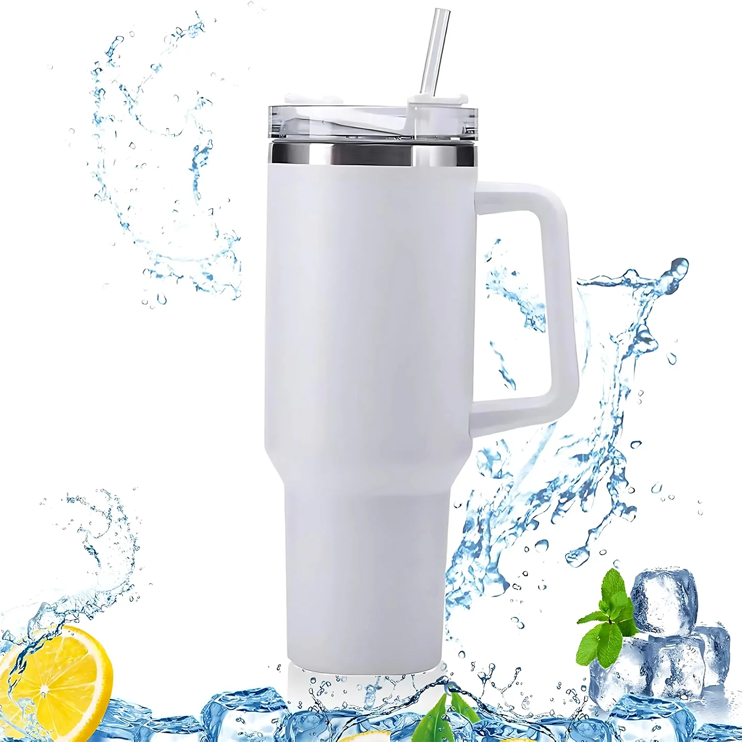 Insulated Stainless Steel Travel Tumbler – 890 ML White with Handle - Image 4