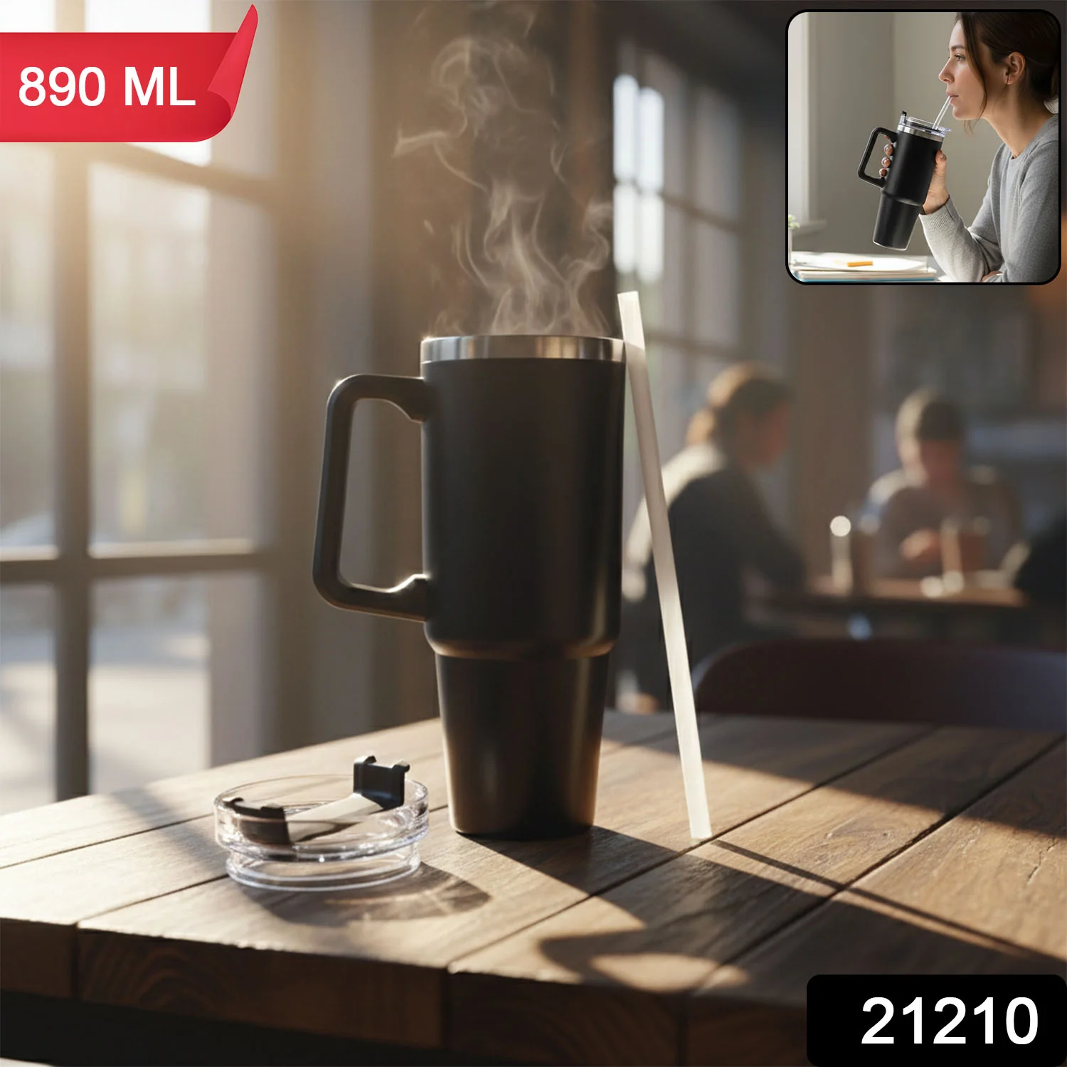 Large Capacity Travel Mug – 890 ML Insulated Black Tumbler - Image 2