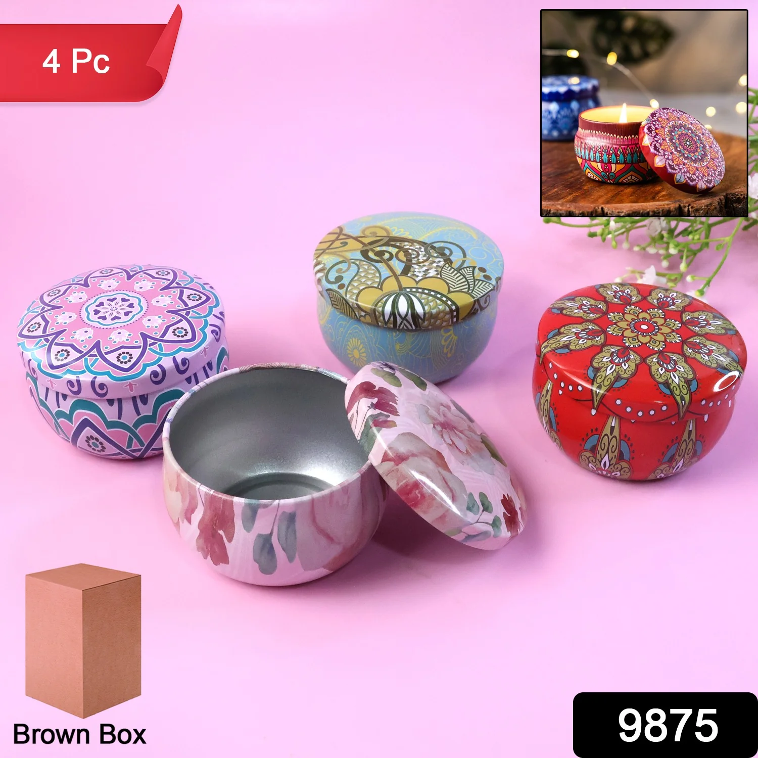 Mandala Printed Metal Candle Container – Reusable 4 Piece Set - Image 2