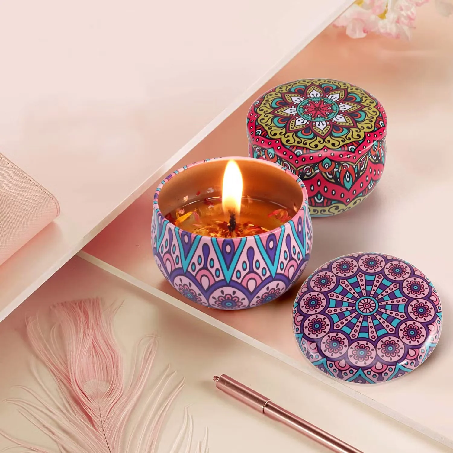 Mandala Printed Metal Candle Container – Reusable 4 Piece Set - Image 3
