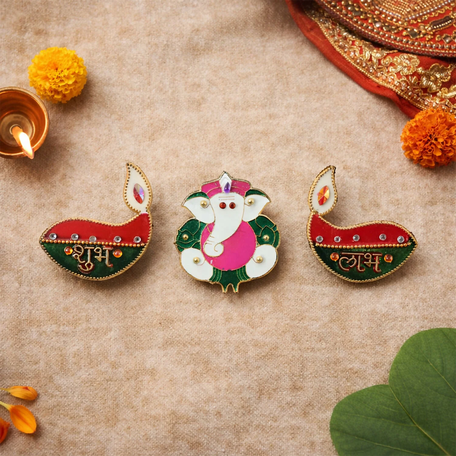 Ganesh Shubh Labh Door Hanging – Acrylic Meenakari Set of 3 - Image 3