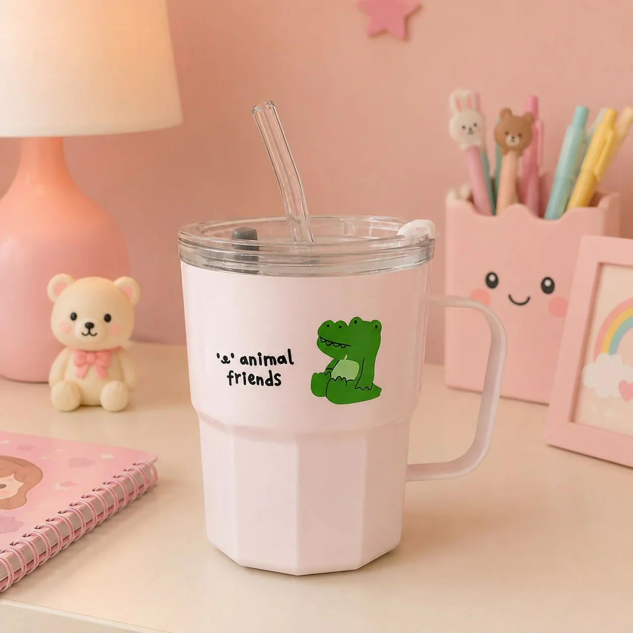 Animal Friends Glass Tumbler – Cute Animal Print with Straw
