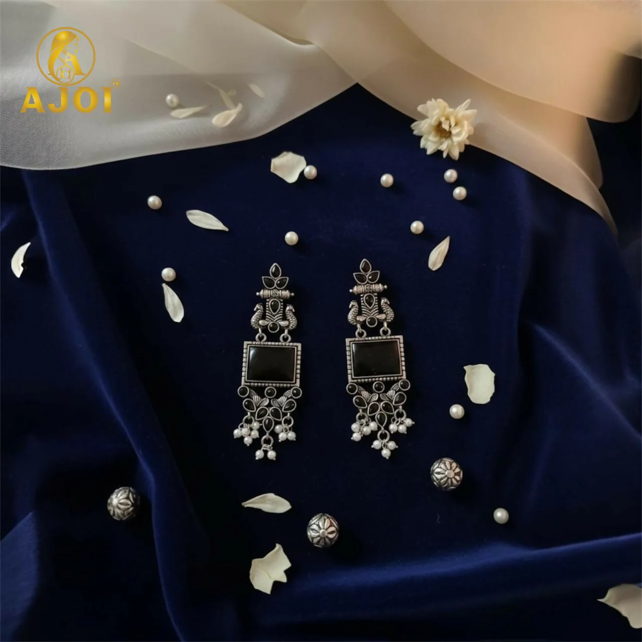 Antique Black Square Stone Oxidised Silver Earrings – Ethnic Pearl Drops - Image 3