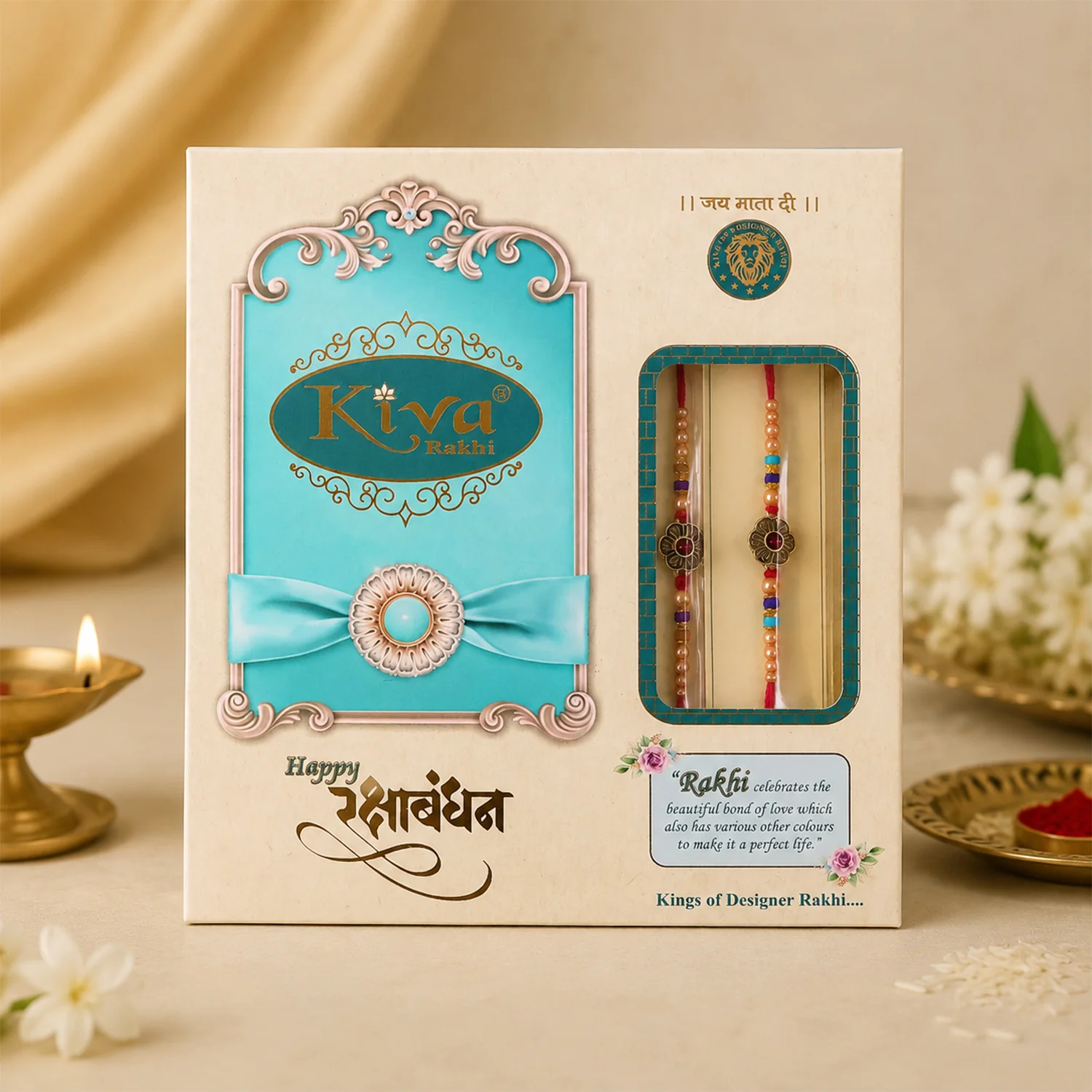 Antique Floral Medallion Designer Rakhi for Brother with Pearl & Beads - Image 6