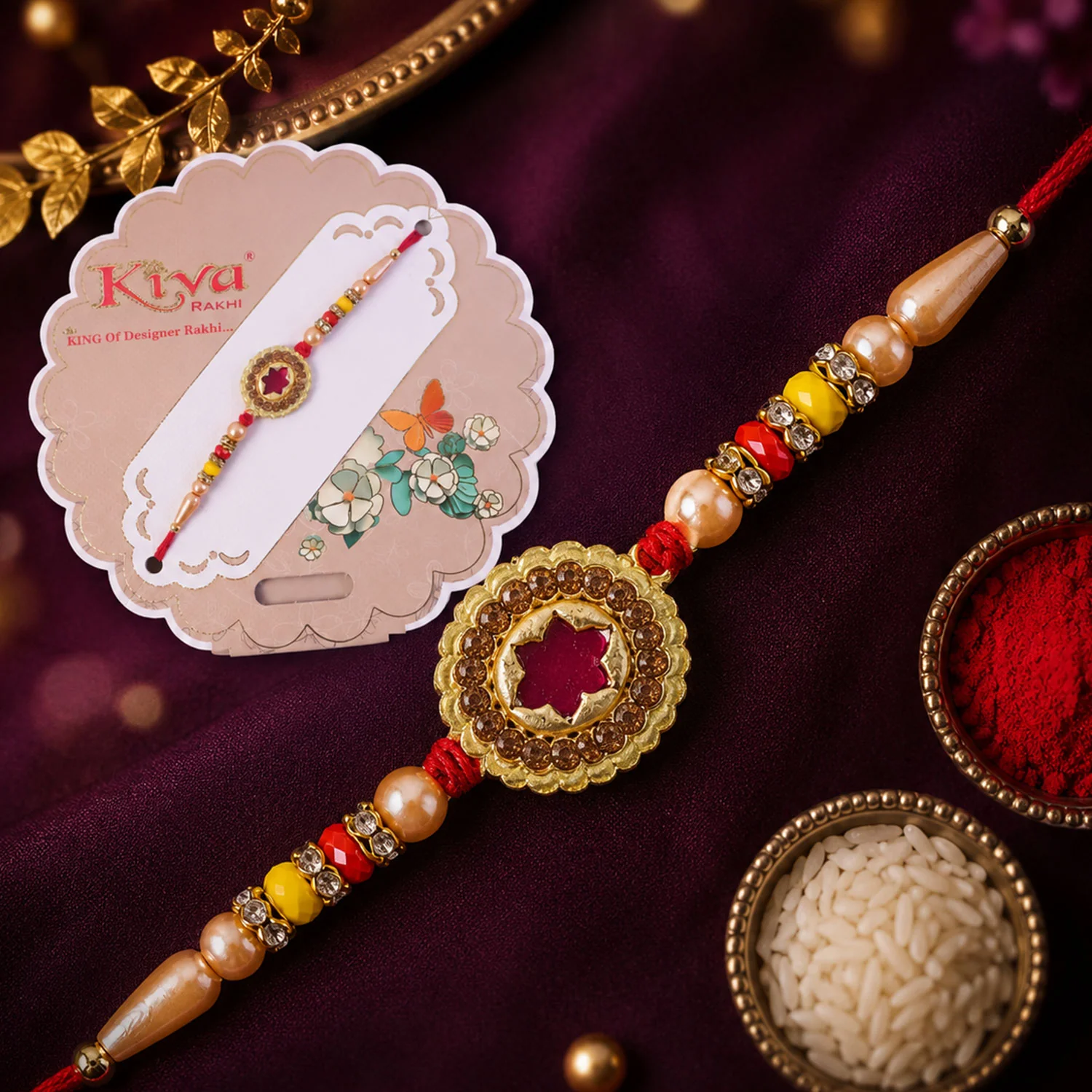 Antique Gold Maroon Star Floral Rakhi for Brother with Pearls & Beads - Image 3