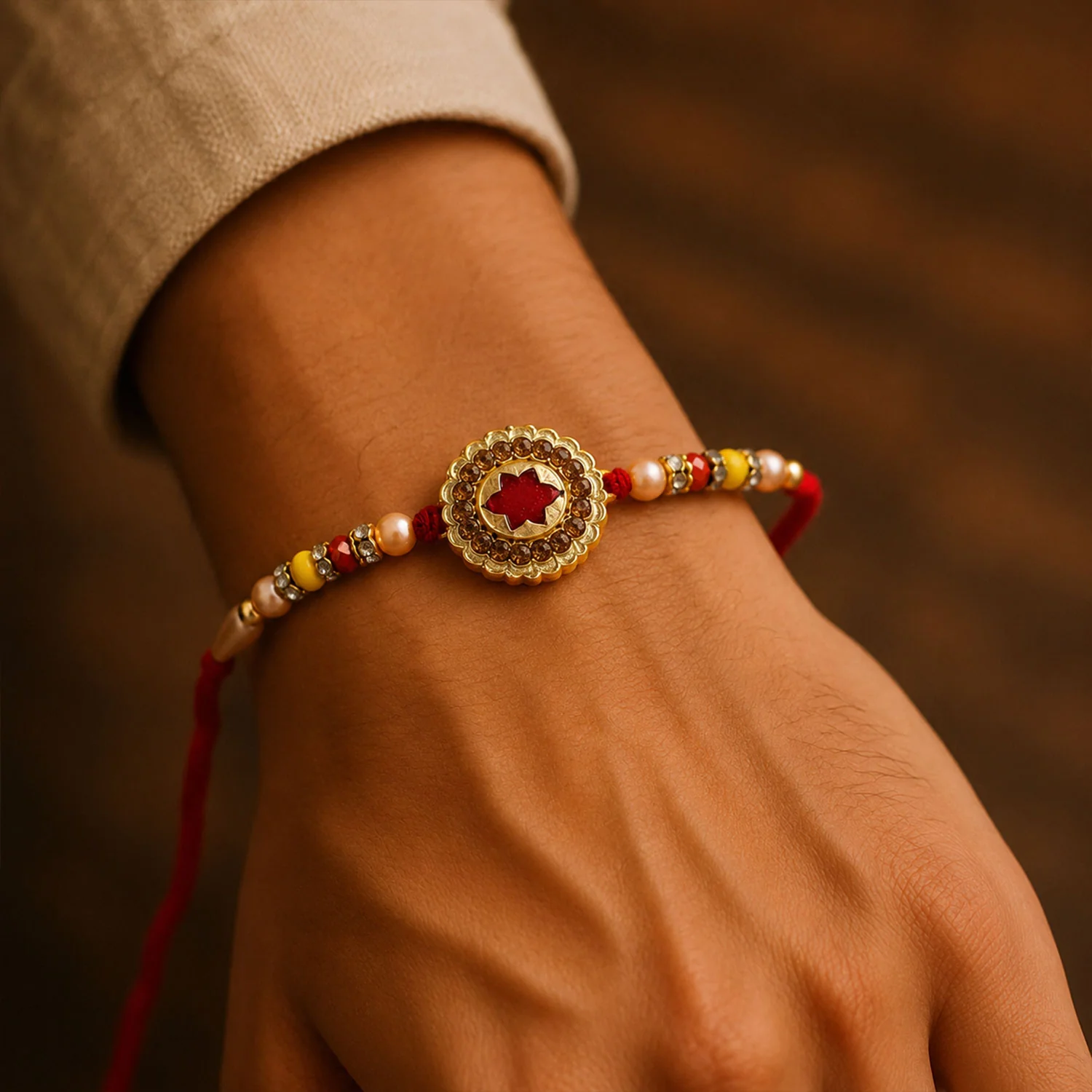 Antique Gold Maroon Star Floral Rakhi for Brother with Pearls & Beads - Image 4