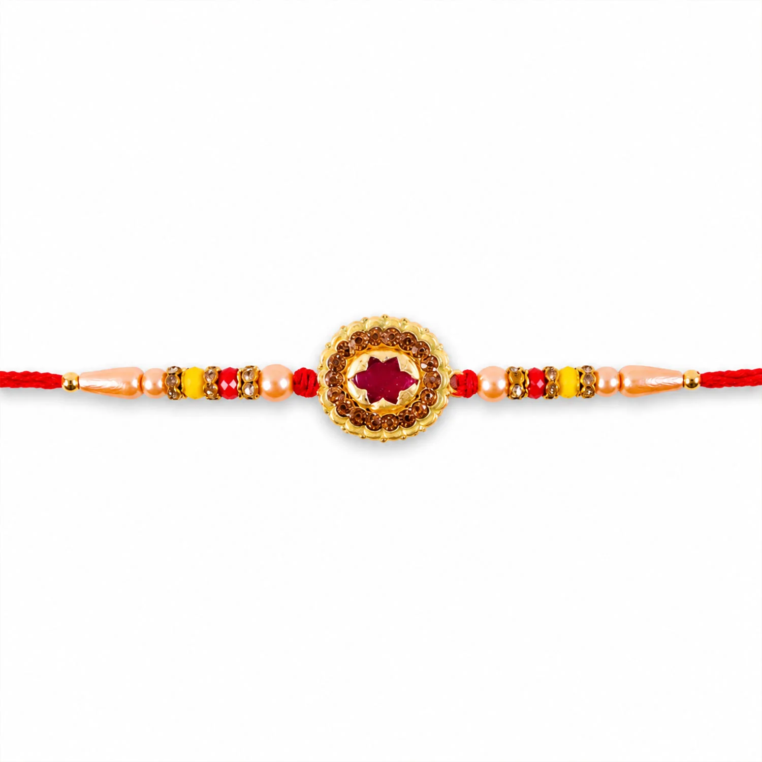 Antique Gold Maroon Star Floral Rakhi for Brother with Pearls & Beads - Image 5