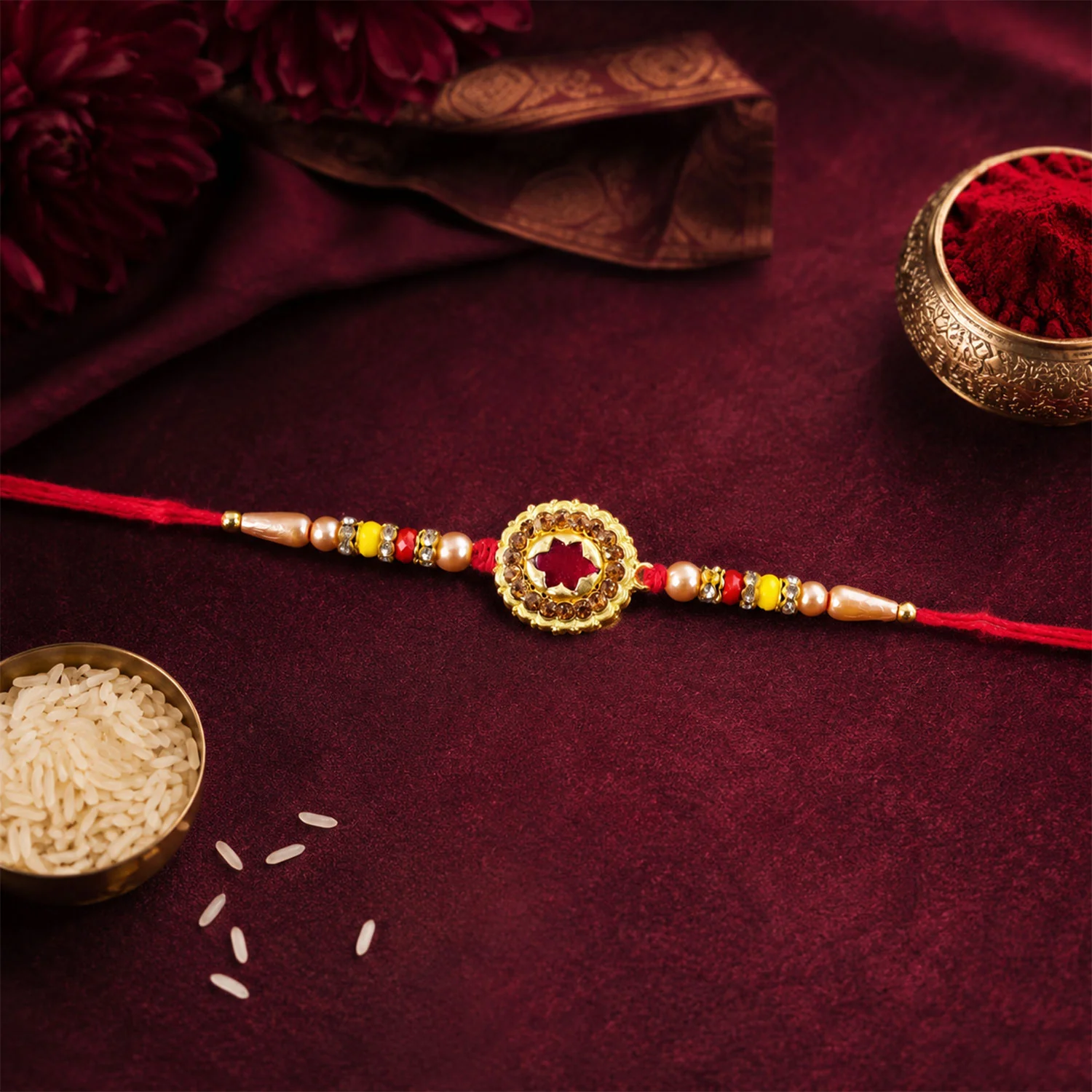 Antique Gold Maroon Star Floral Rakhi for Brother with Pearls & Beads - Image 6