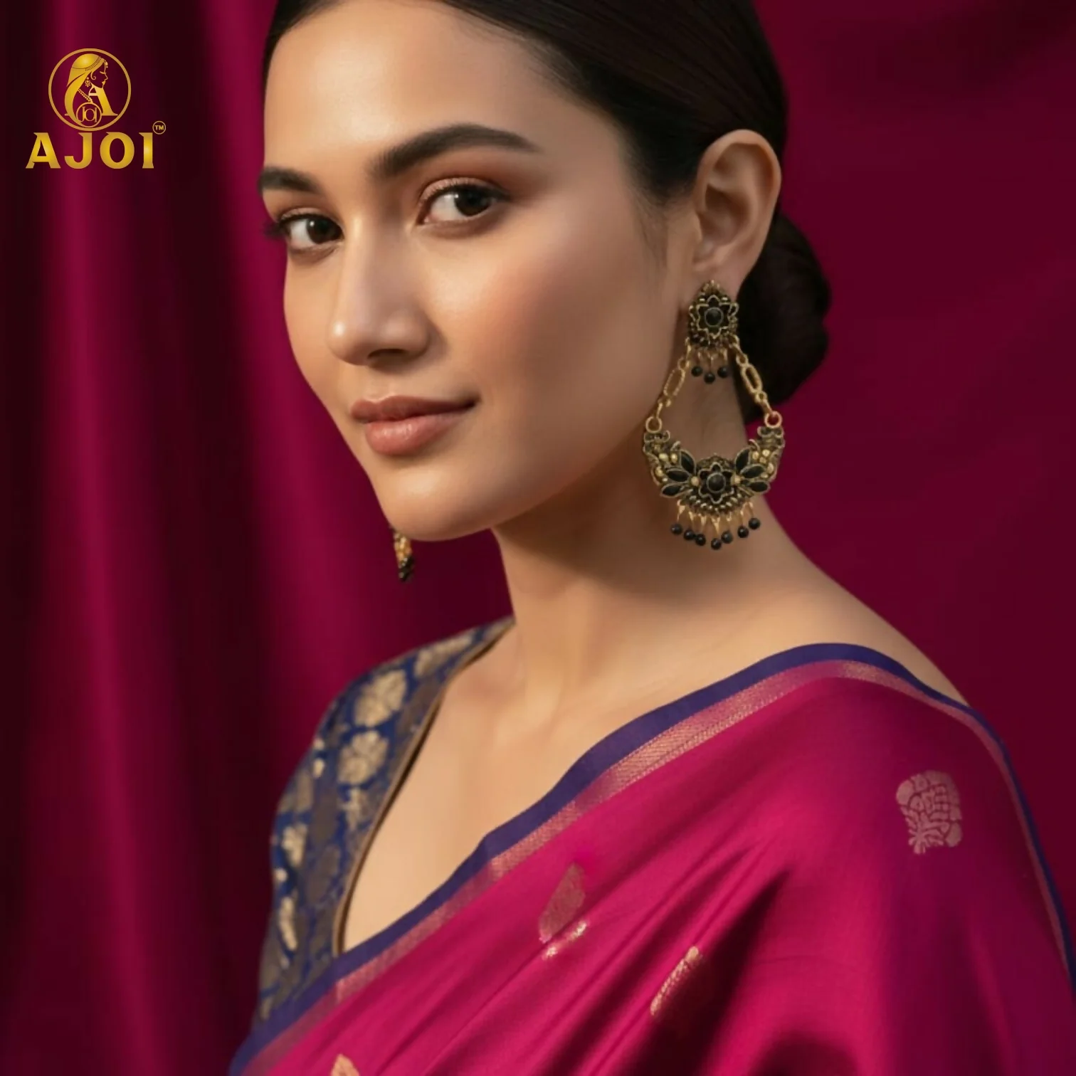 Chandbali Earrings – Antique Gold-Plated Floral with Black Stones - Image 2