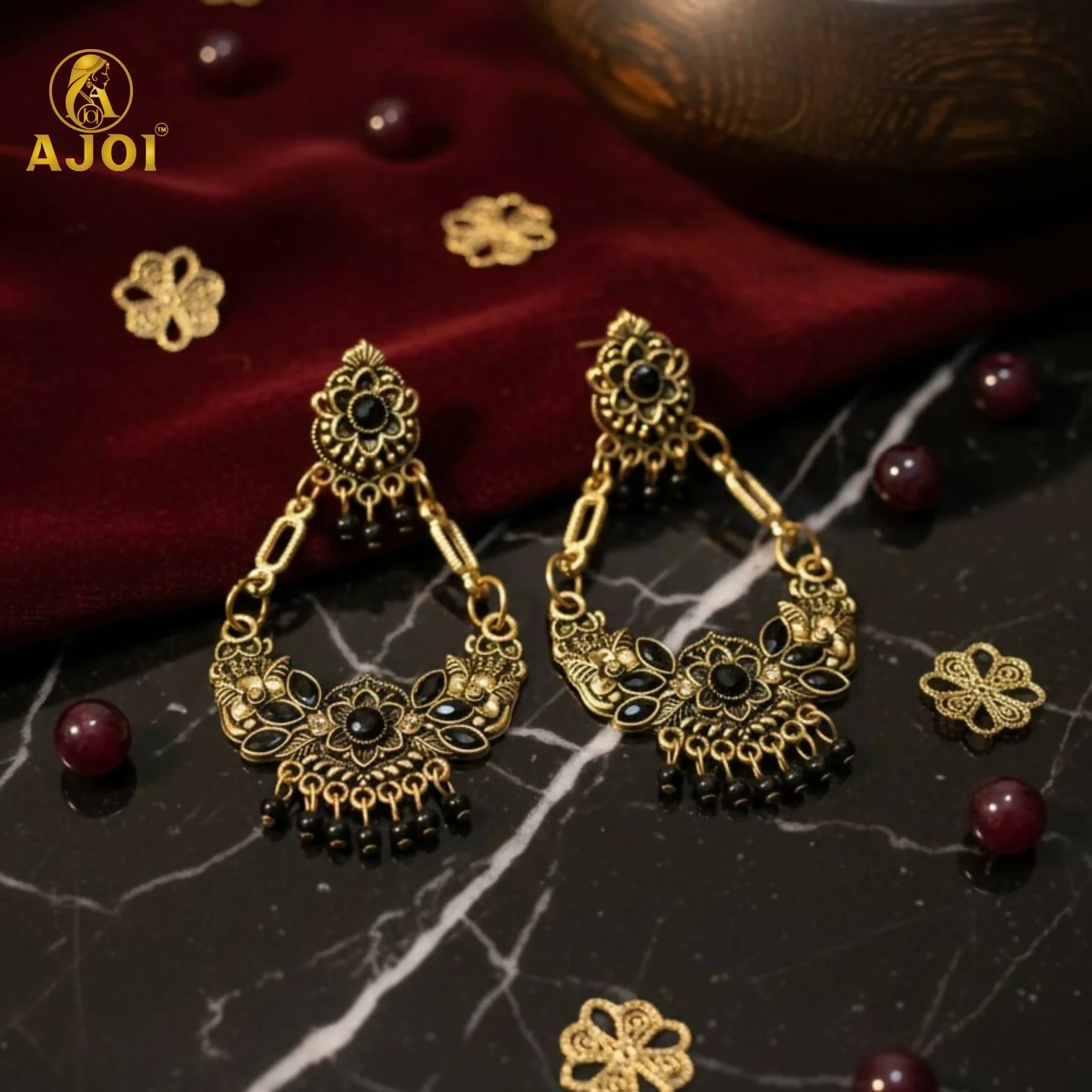 Chandbali Earrings – Antique Gold-Plated Floral with Black Stones - Image 3