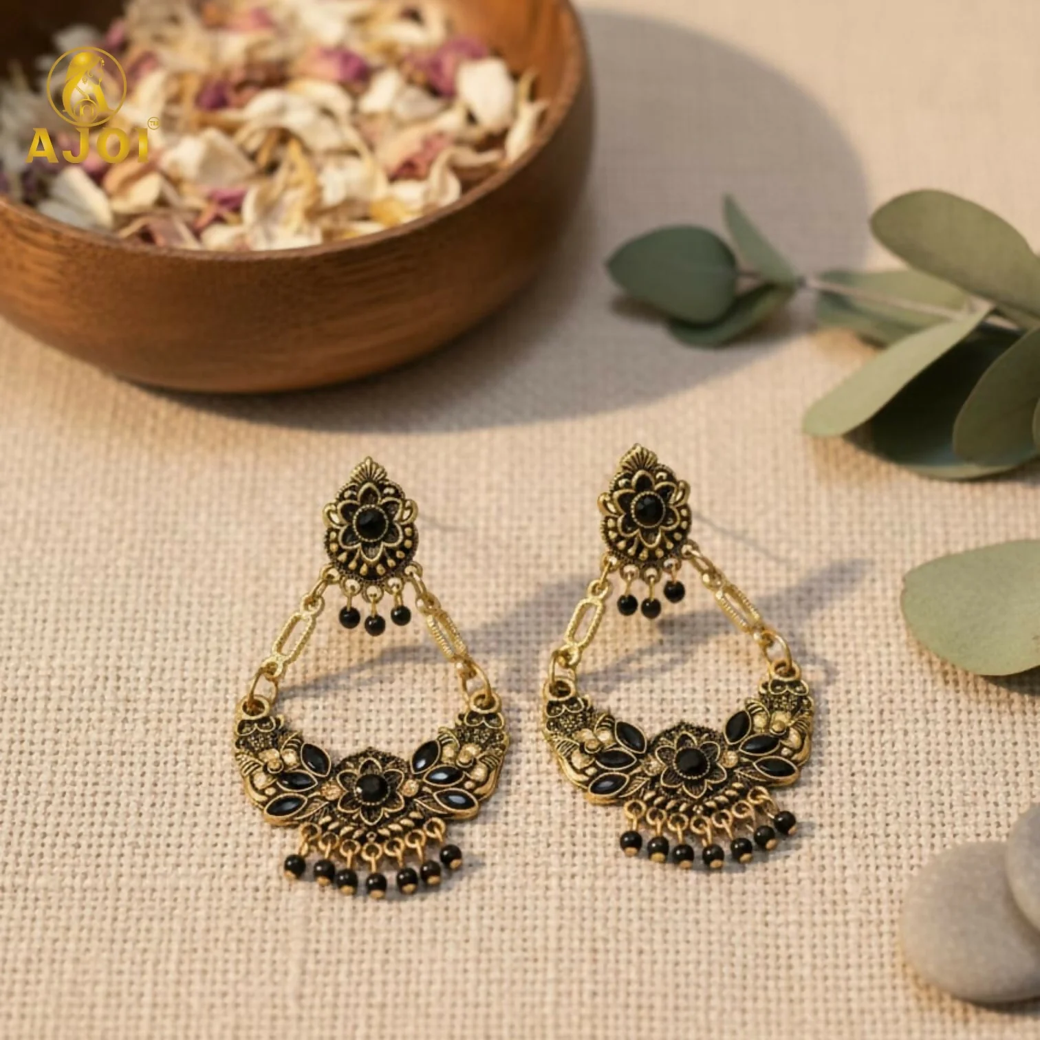 Chandbali Earrings – Antique Gold-Plated Floral with Black Stones - Image 4
