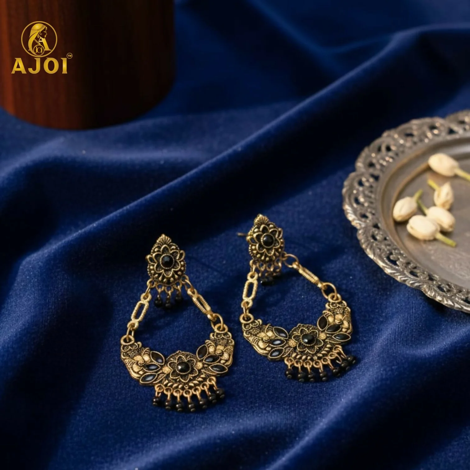 Chandbali Earrings – Antique Gold-Plated Floral with Black Stones - Image 5