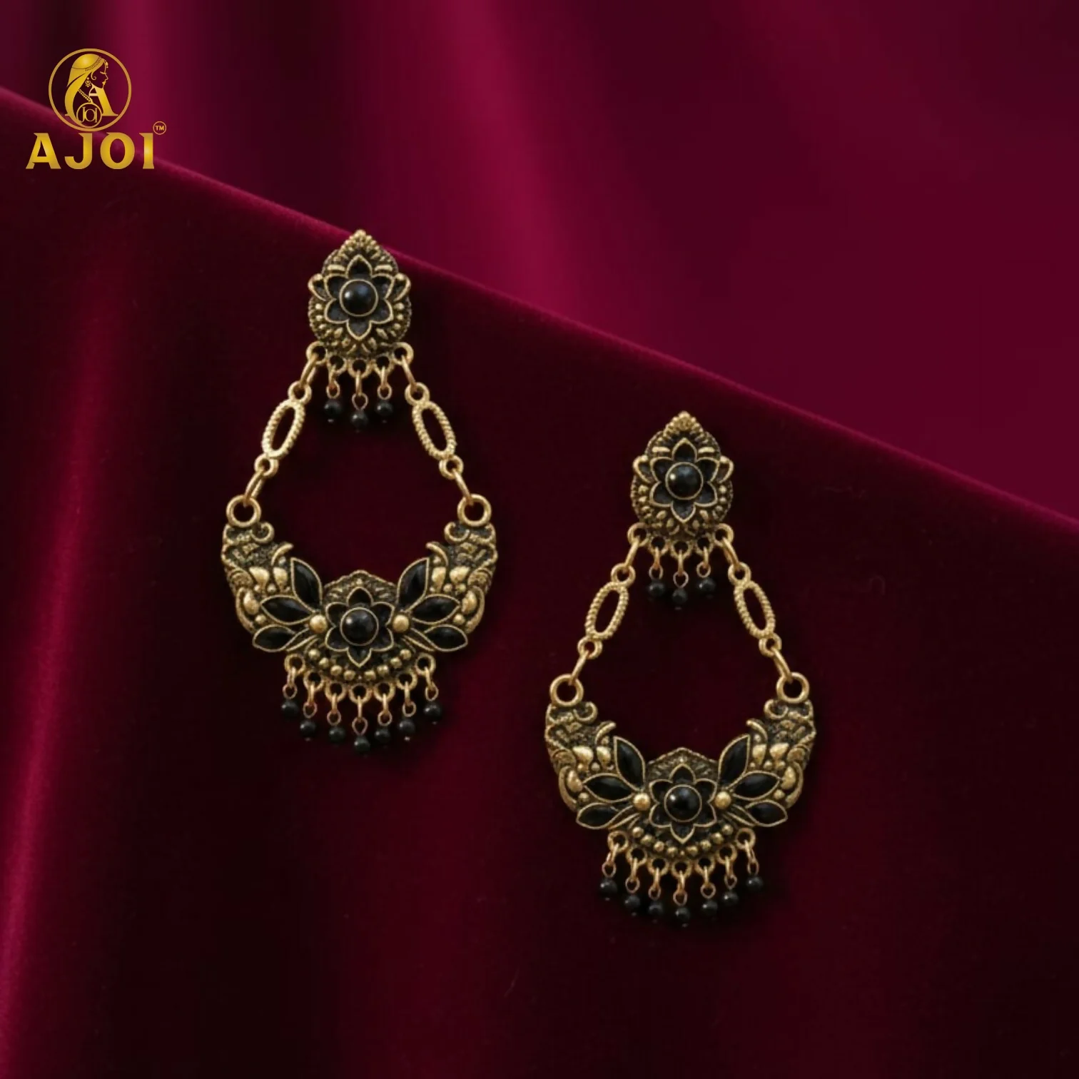 Chandbali Earrings – Antique Gold-Plated Floral with Black Stones - Image 6