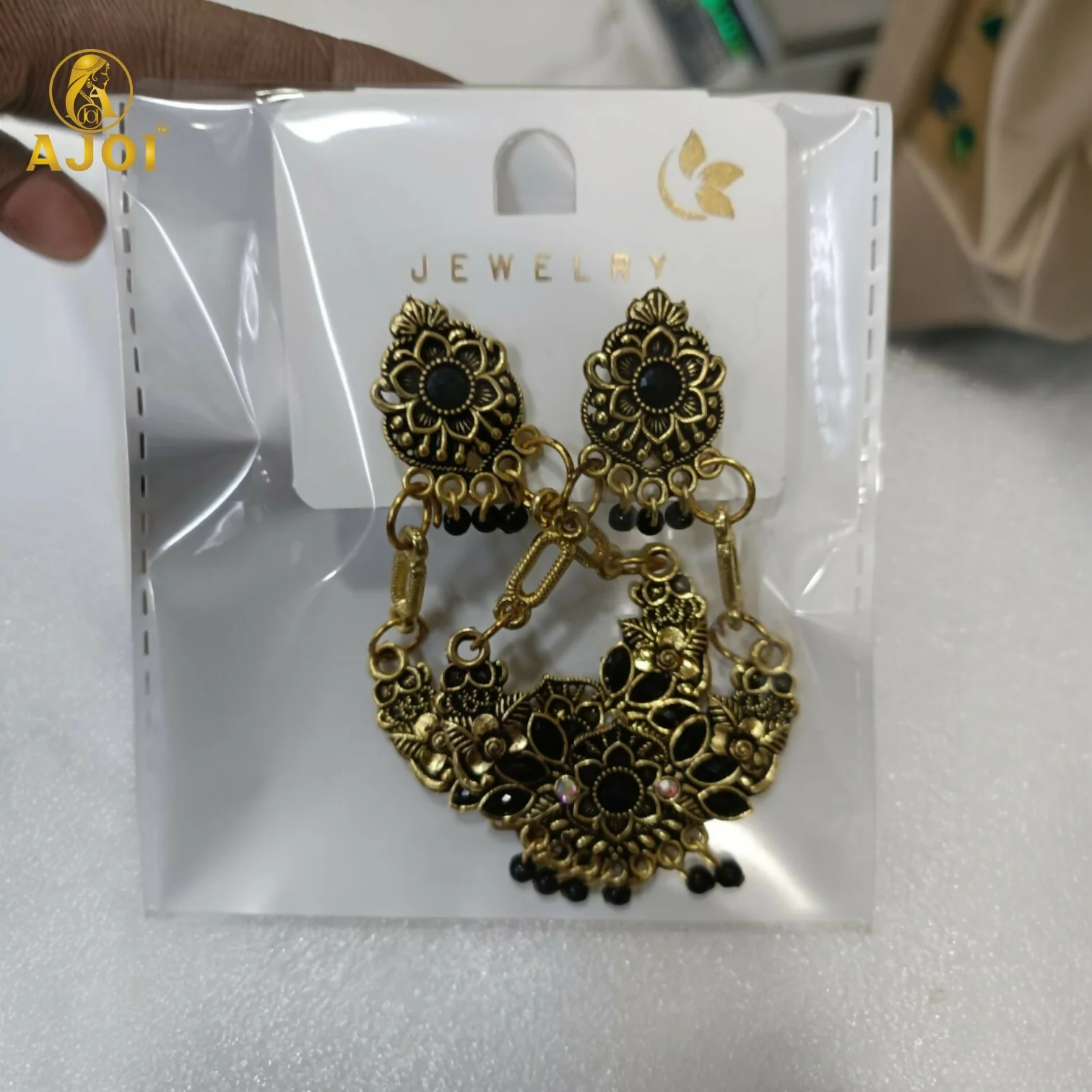 Chandbali Earrings – Antique Gold-Plated Floral with Black Stones - Image 7